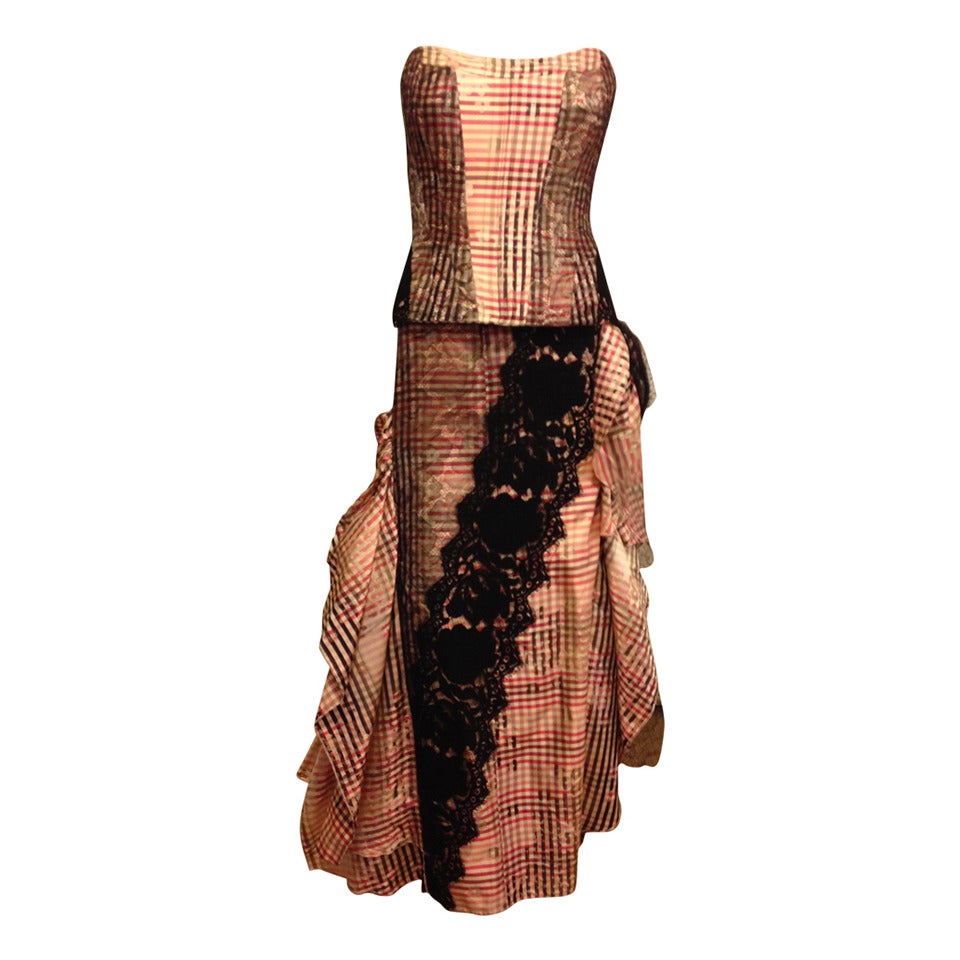 Christian Lacroix Pink and Black Plaid Corset and Long Skirt