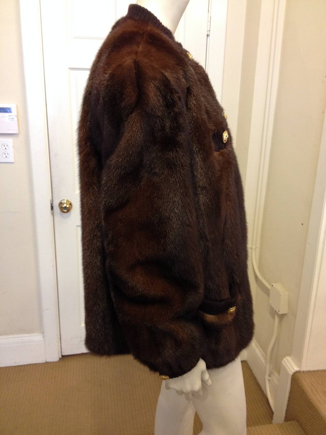 Revillon Brown Vintage Mink Jacket with Gold Buttons In Excellent Condition In San Francisco, CA