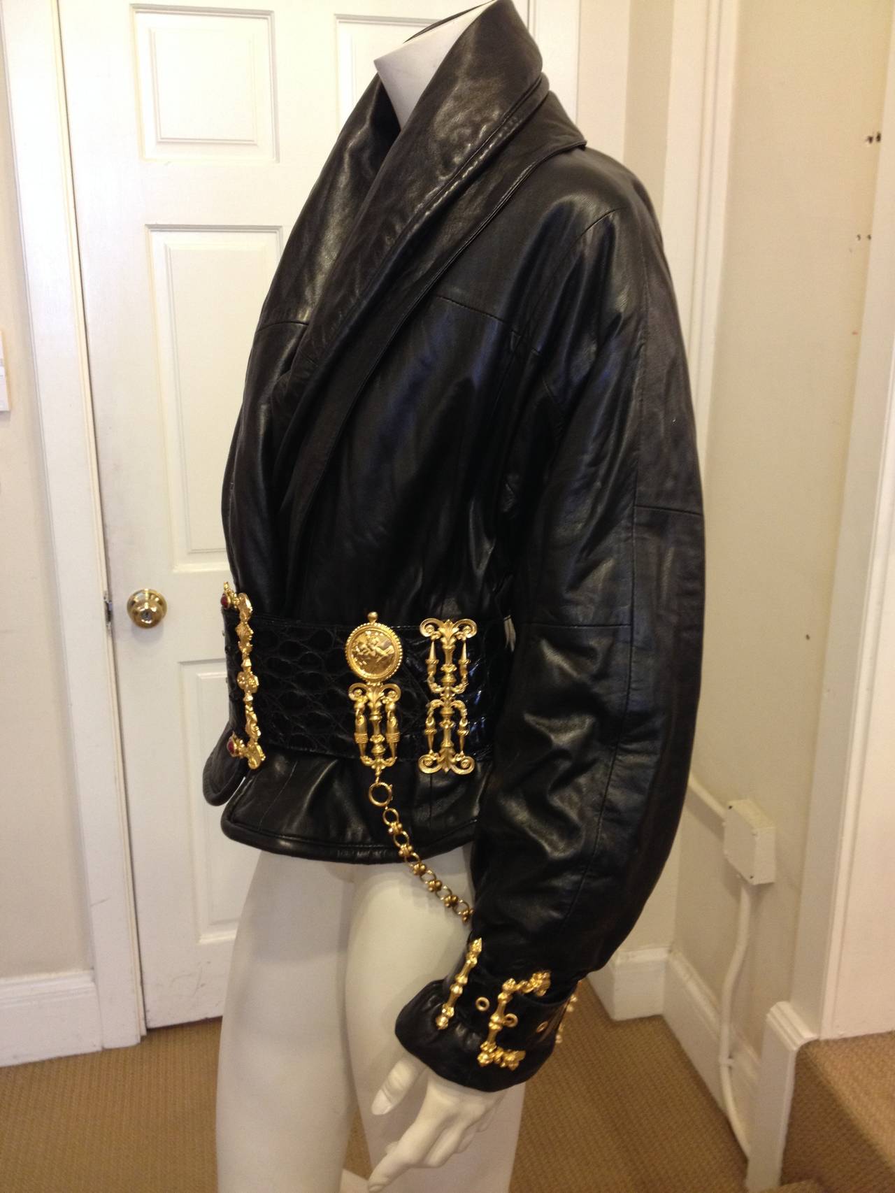Vintage Gianfranco Ferre Black Leather Jacket with Gold Belt at 1stDibs