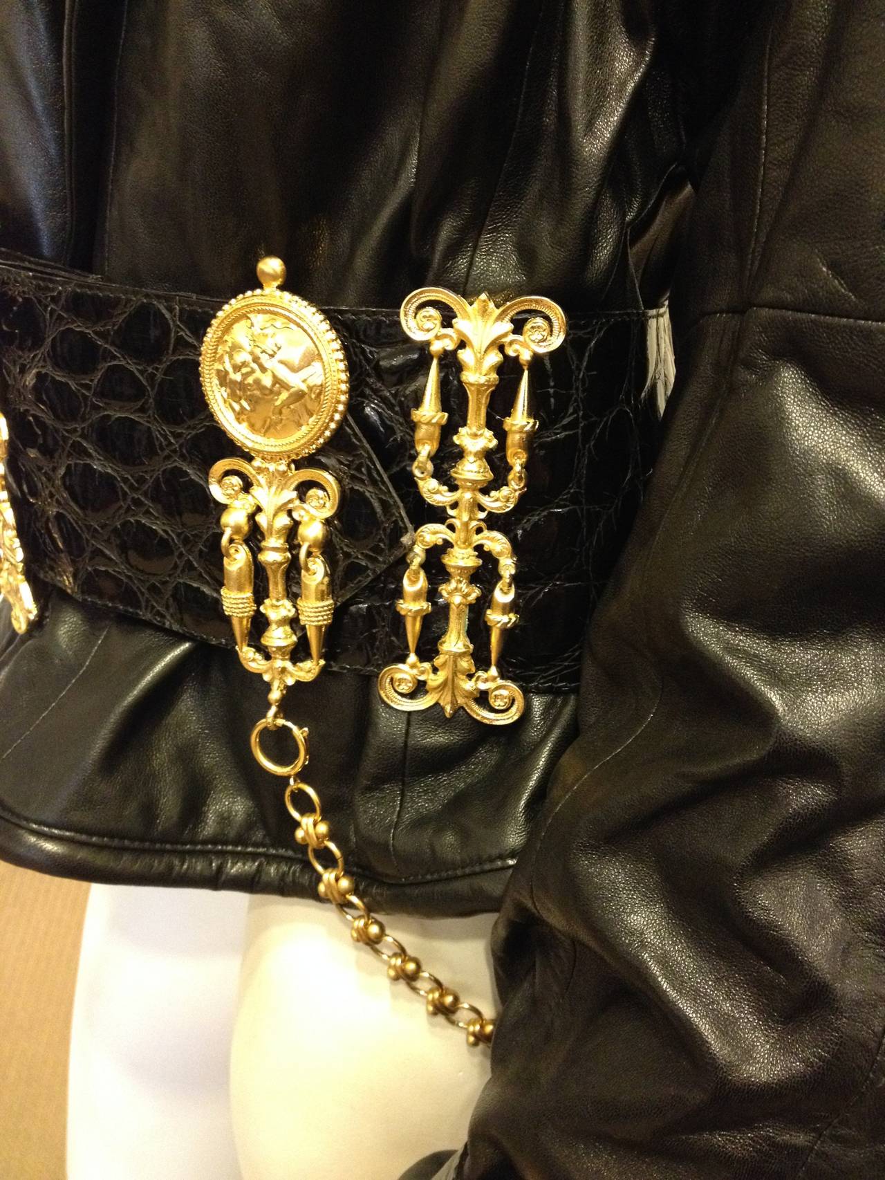 Vintage Gianfranco Ferre Black Leather Jacket with Gold Belt at 1stDibs