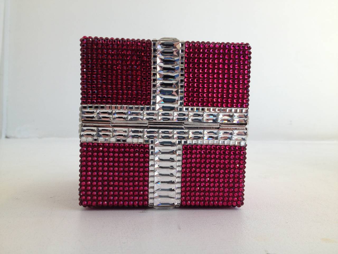 Red Judith Leiber Pink and Clear Rhinestone Present Clutch For Sale