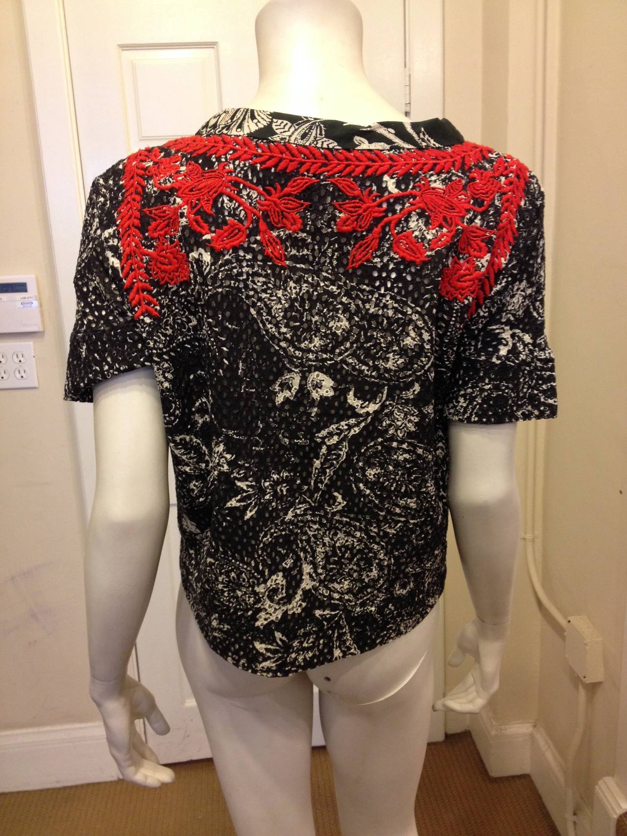 Isabel Marant Black and White Eyelet Top with Red Embroidery In Excellent Condition In San Francisco, CA