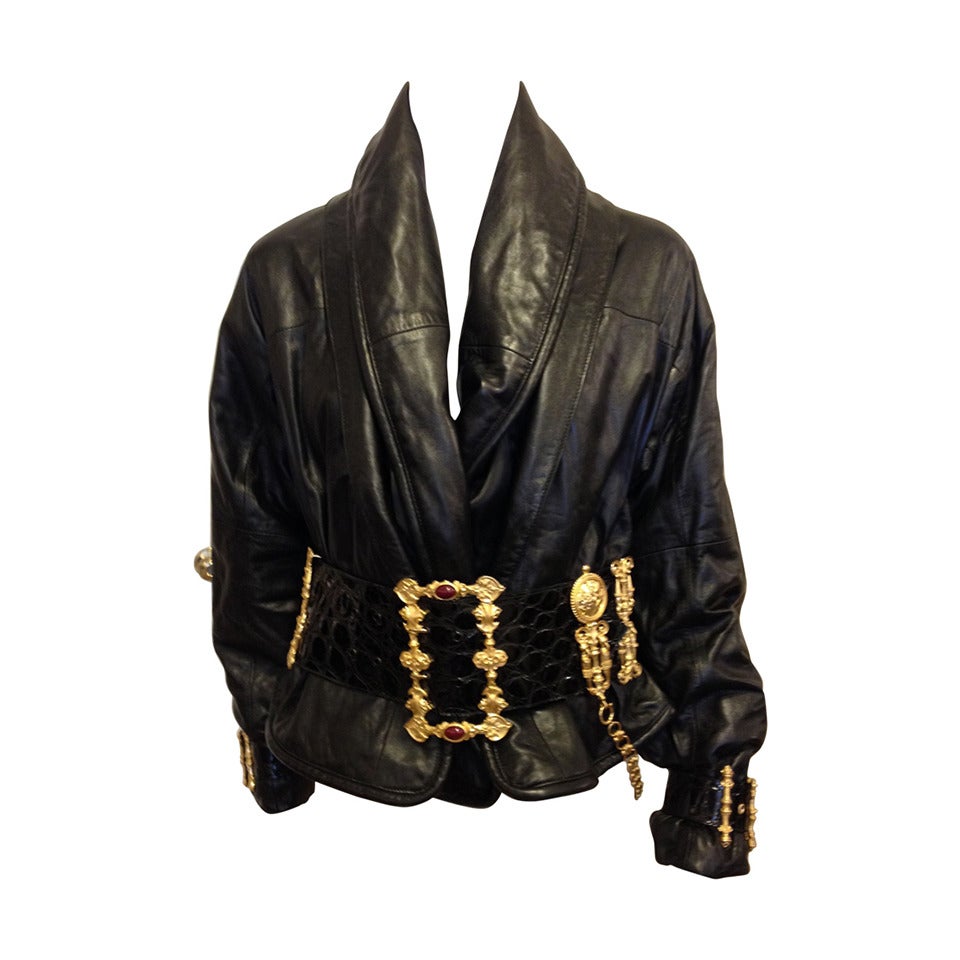 Vintage Gianfranco Ferre Black Leather Jacket with Gold Belt at 1stDibs
