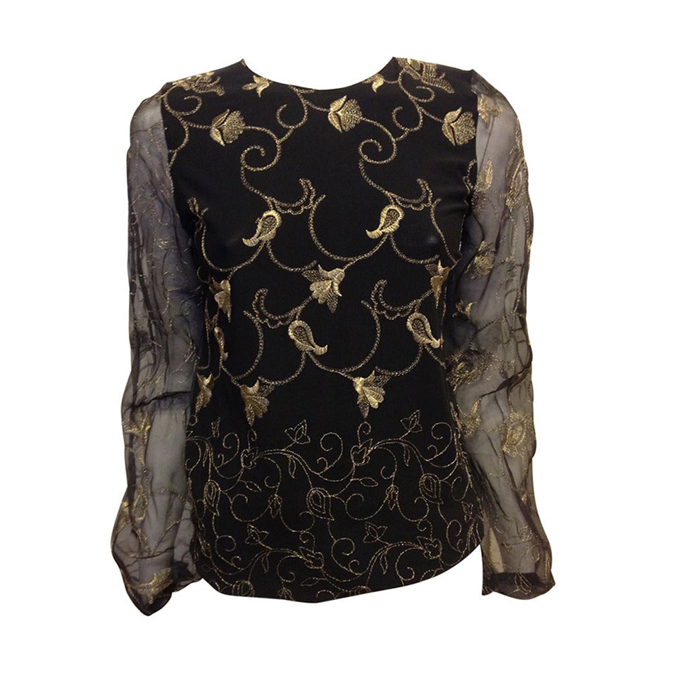Gianfranco Ferre Vintage Black Sheer Top with Gold Stitching
