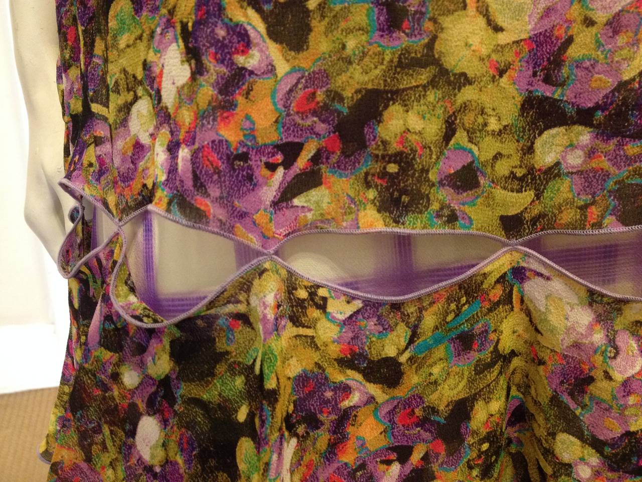 Roberto Cavalli Purple and Yellow Chiffon Floral Dress In Excellent Condition In San Francisco, CA