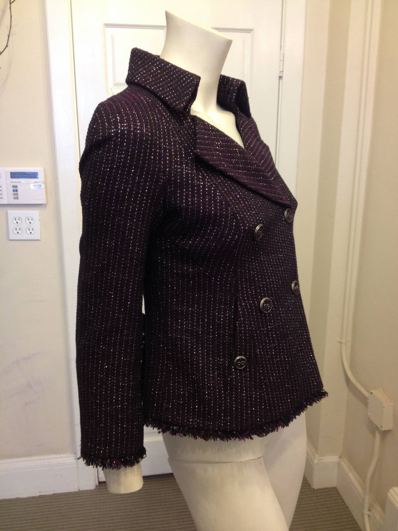 Black Chanel Plum Tweed Double-Breasted Blazer For Sale