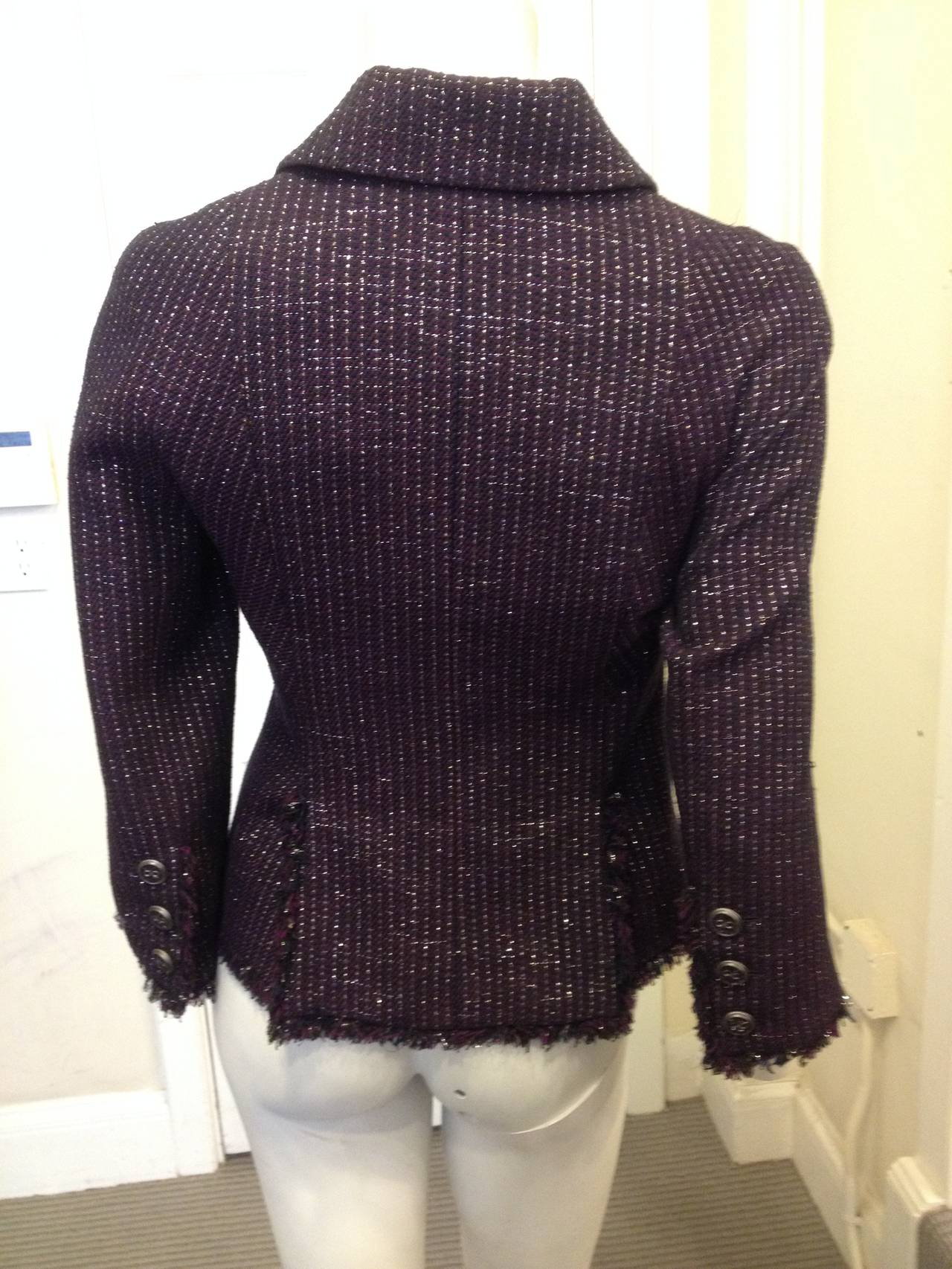 Chanel Plum Tweed Double-Breasted Blazer In Excellent Condition For Sale In San Francisco, CA