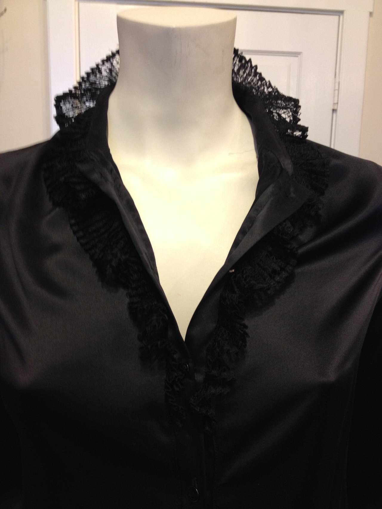 Roberto Cavalli Black Blouse with Lace Trim In Excellent Condition In San Francisco, CA