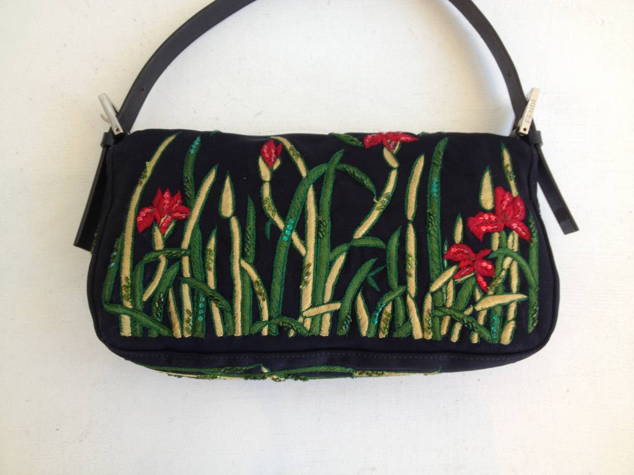 Fendi Black Baguette with Flowers In Excellent Condition In San Francisco, CA