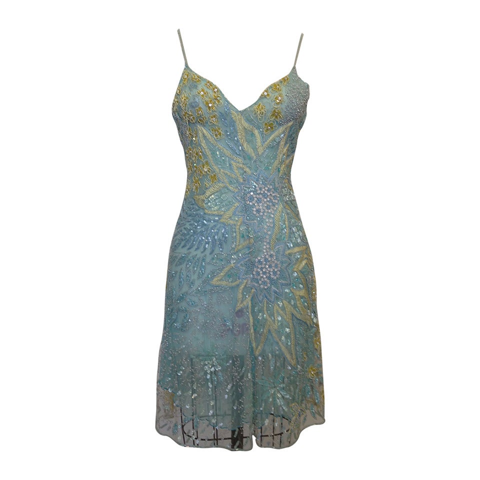 Valentino Blue Beaded Sheer Slip Dress For Sale at 1stdibs