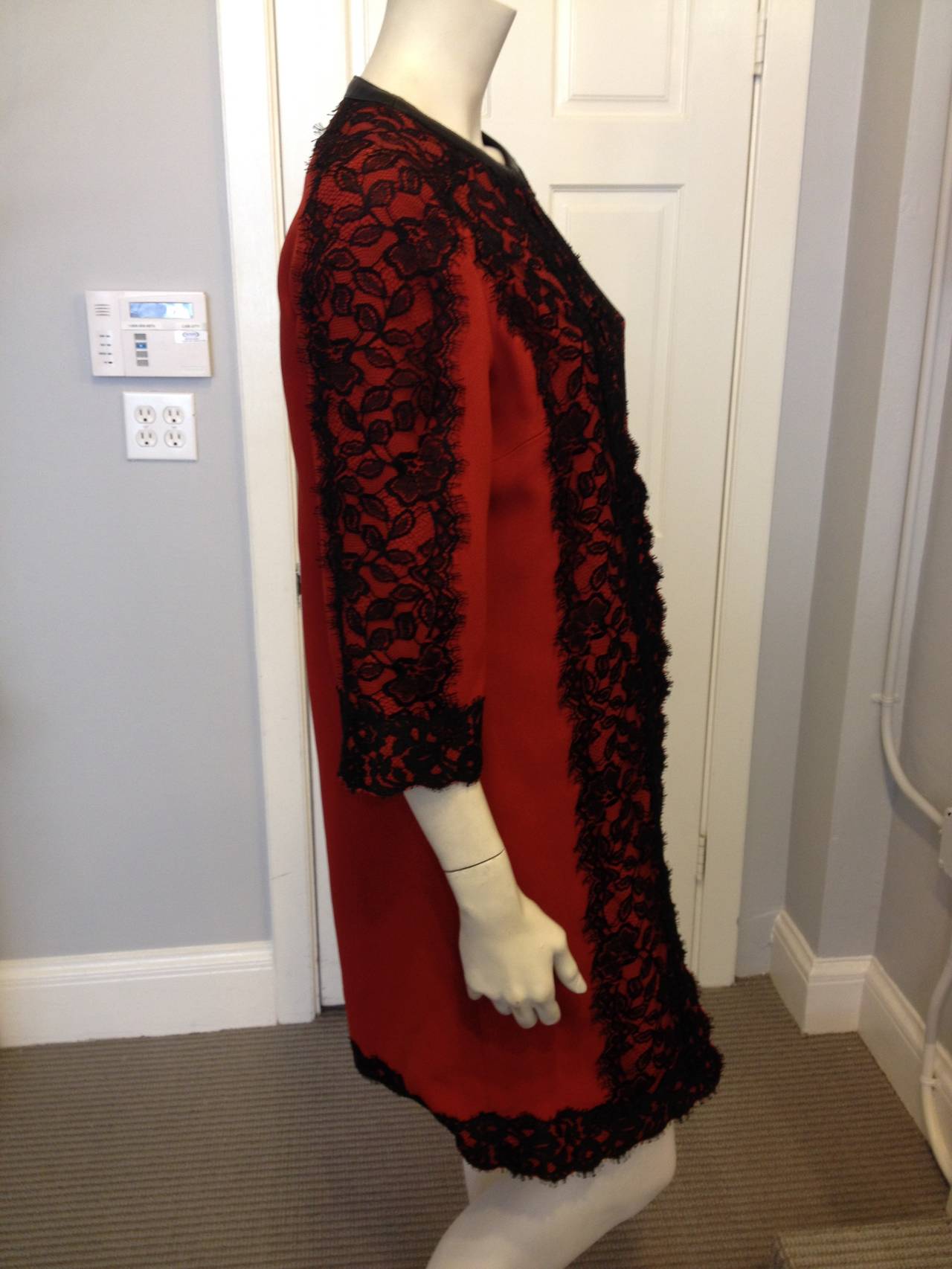 Andrew Gn Rust Red Coat with Black Lace Overlay In Excellent Condition In San Francisco, CA