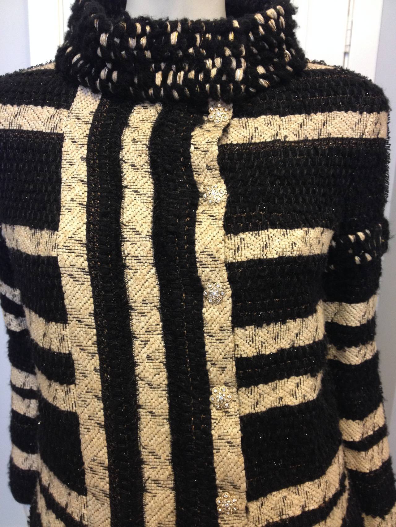 Chanel Black and Cream Striped Tweed Suit In Excellent Condition In San Francisco, CA