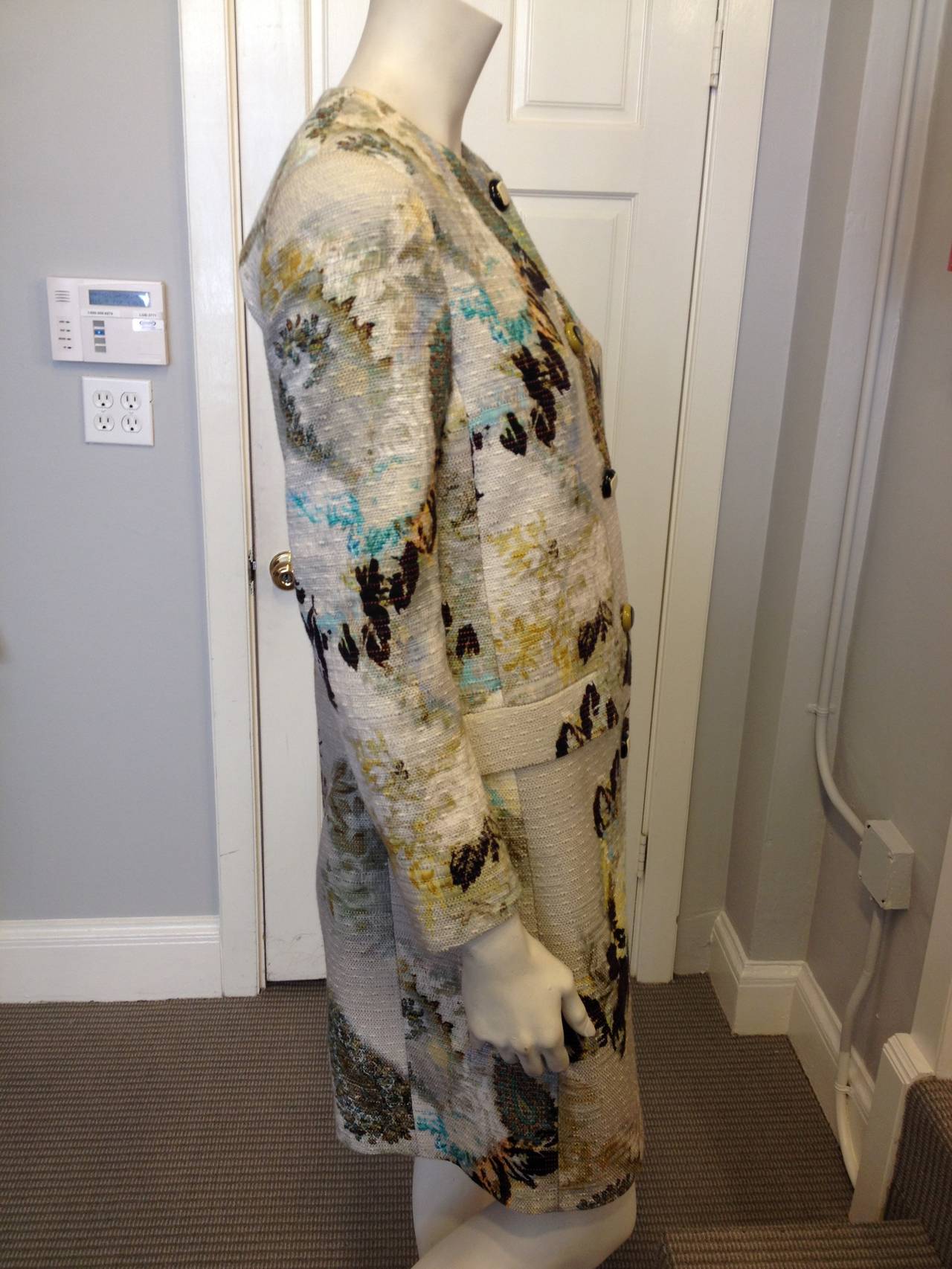 Etro Ecru Coat with Green and Blue Floral In Excellent Condition In San Francisco, CA