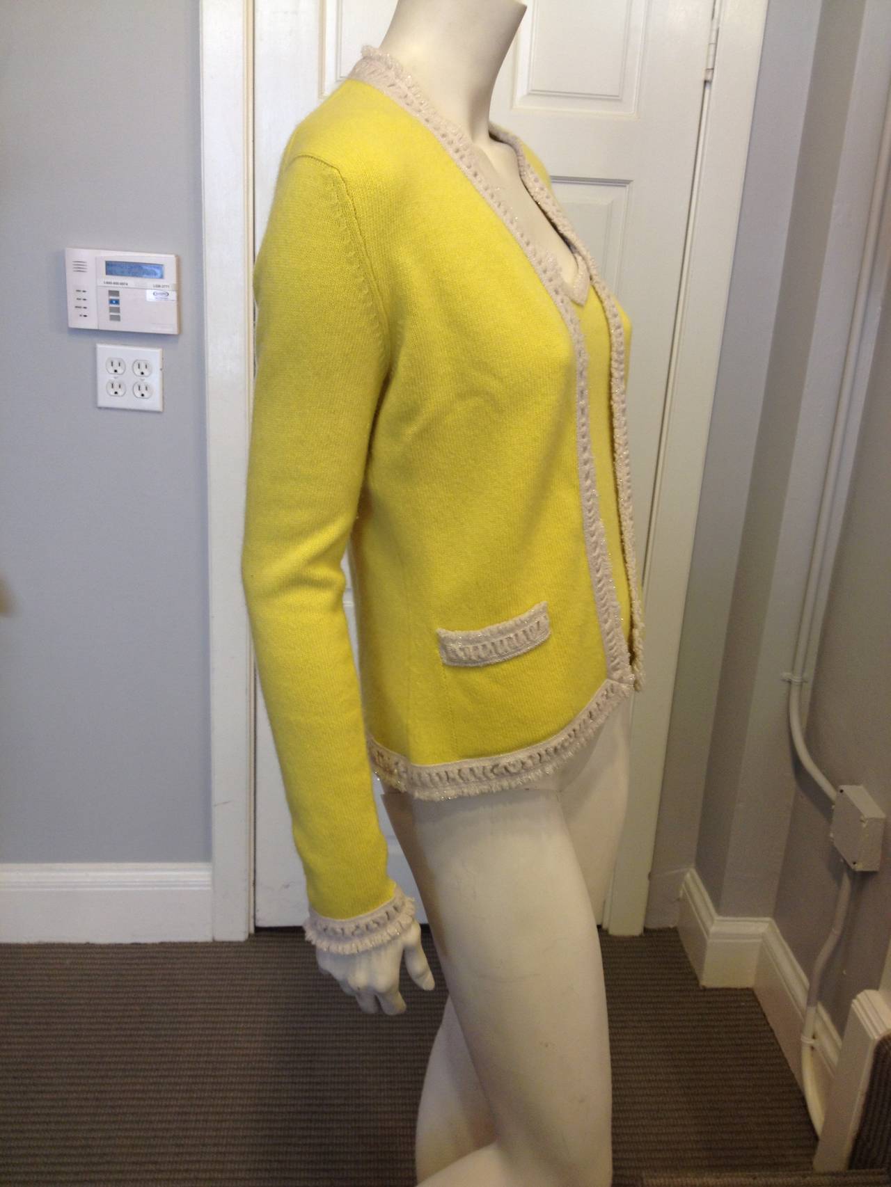 Chanel Yellow Knit Twinset with White Trim In Excellent Condition For Sale In San Francisco, CA