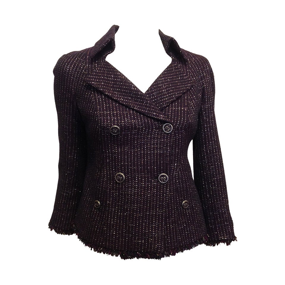 Chanel Plum Tweed Double-Breasted Blazer For Sale