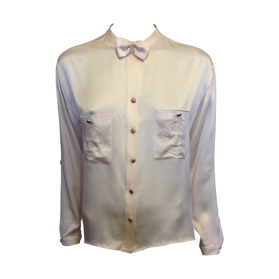 Chanel Vintage Cream Satin Blouse with Bow Tie
