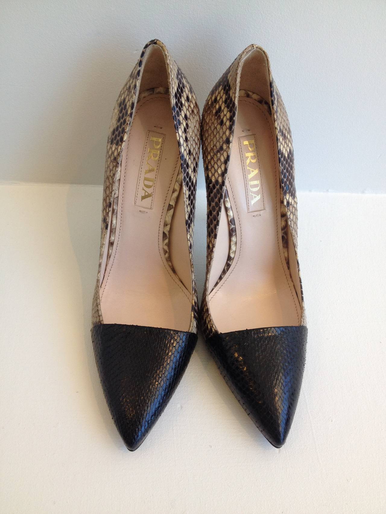 Prada Taupe Snakeskin Heels with Black Toe Cap at 1stdibs  