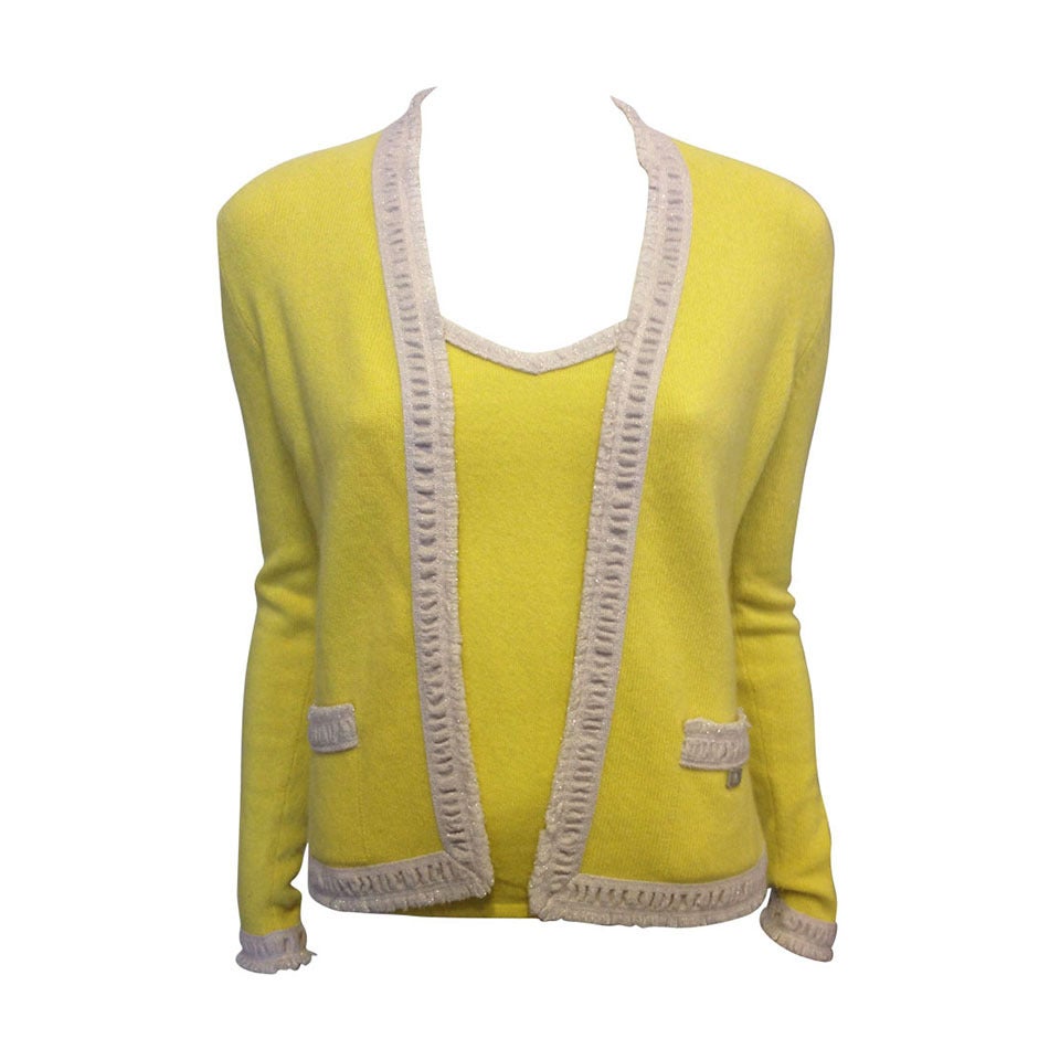 Chanel Yellow Knit Twinset with White Trim For Sale