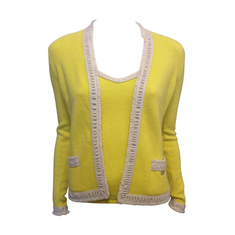 Chanel Yellow Knit Twinset with White Trim For Sale at 1stDibs