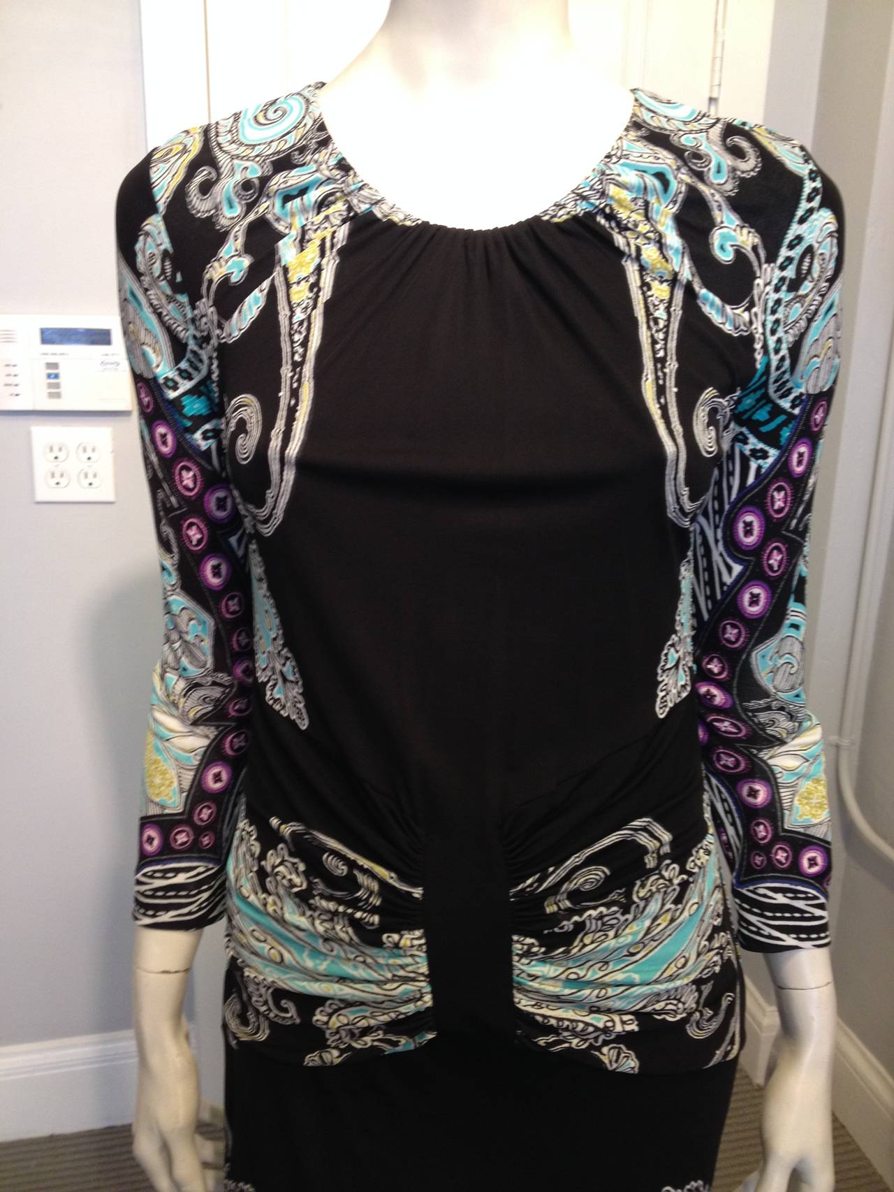 Etro Black Dress with Aqua and Lilac Paisley In Excellent Condition In San Francisco, CA