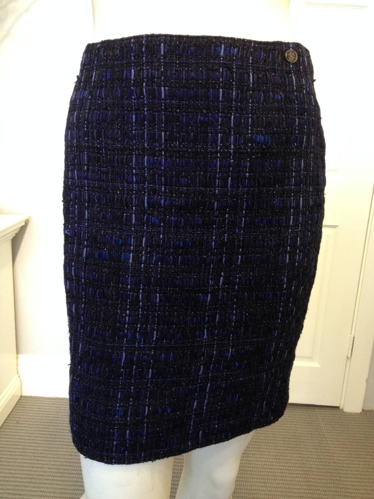 Chanel Navy Tweed Skirt Suit with Woven Trim at 1stDibs