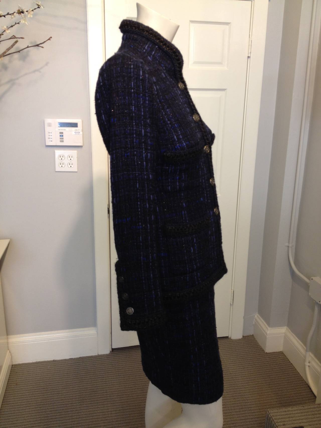 Chanel Navy Tweed Skirt Suit with Woven Trim