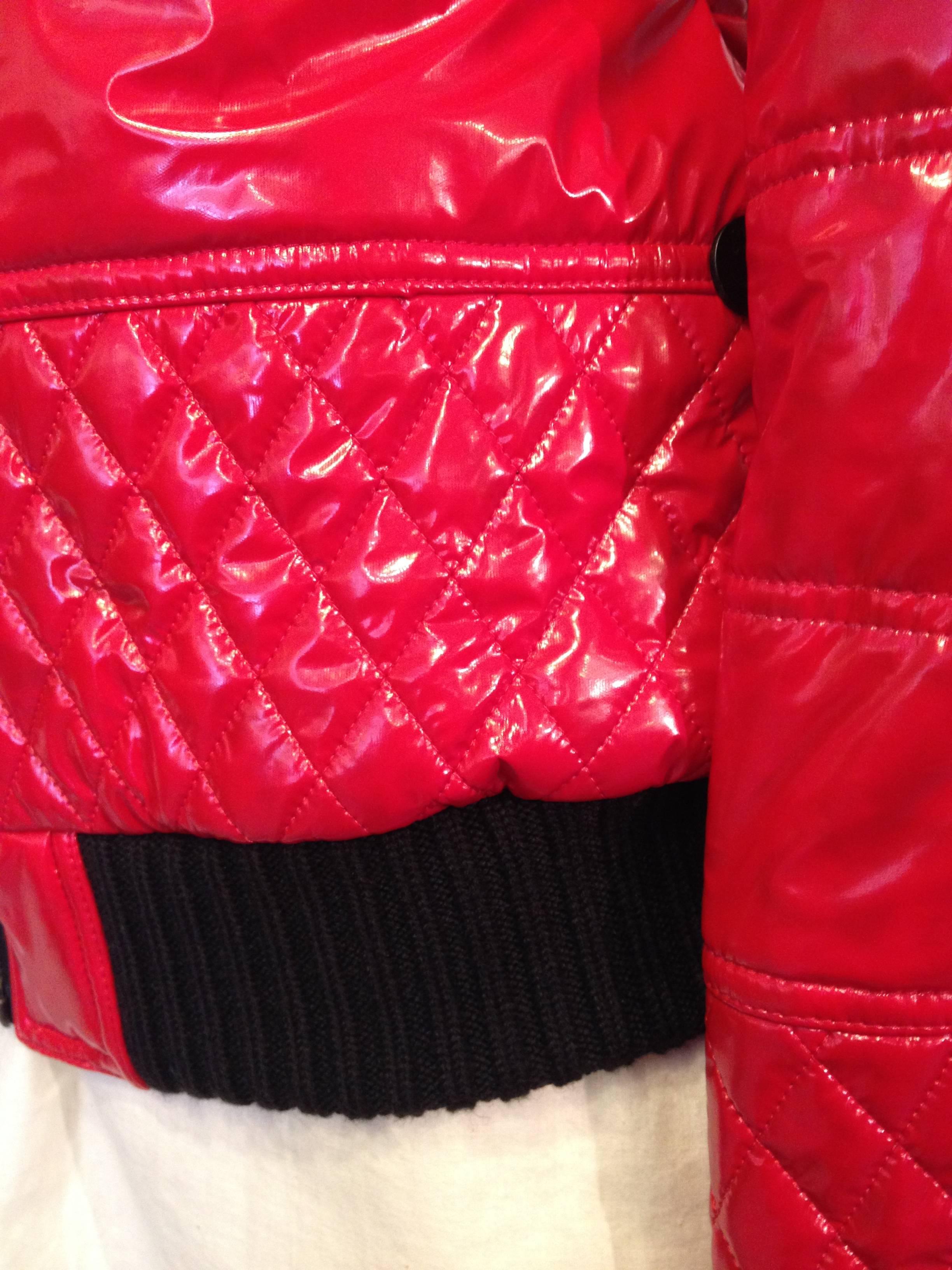Chanel Red Shiny Quilted Bomber Jacket In Excellent Condition For Sale In San Francisco, CA