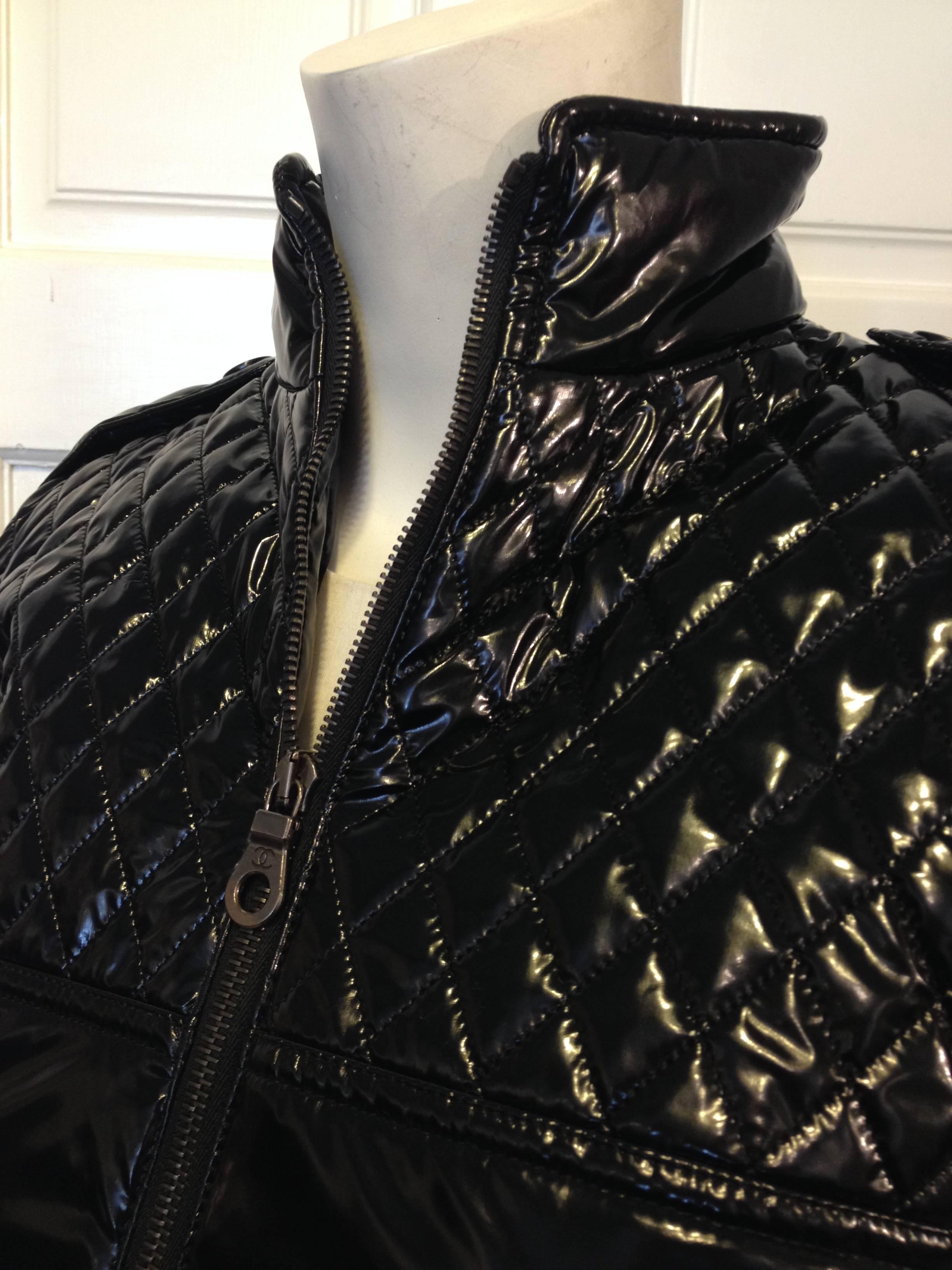 Women's Chanel Black Shiny Quilted Bomber Jacket