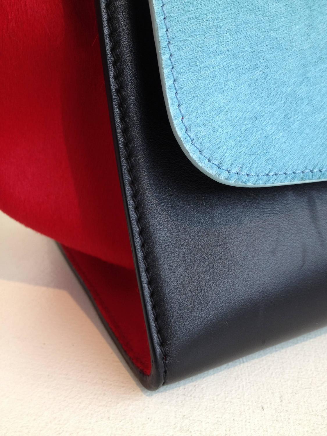 Celine Red and Sky Blue Pony Hair Trapeze Bag For Sale at 1stdibs