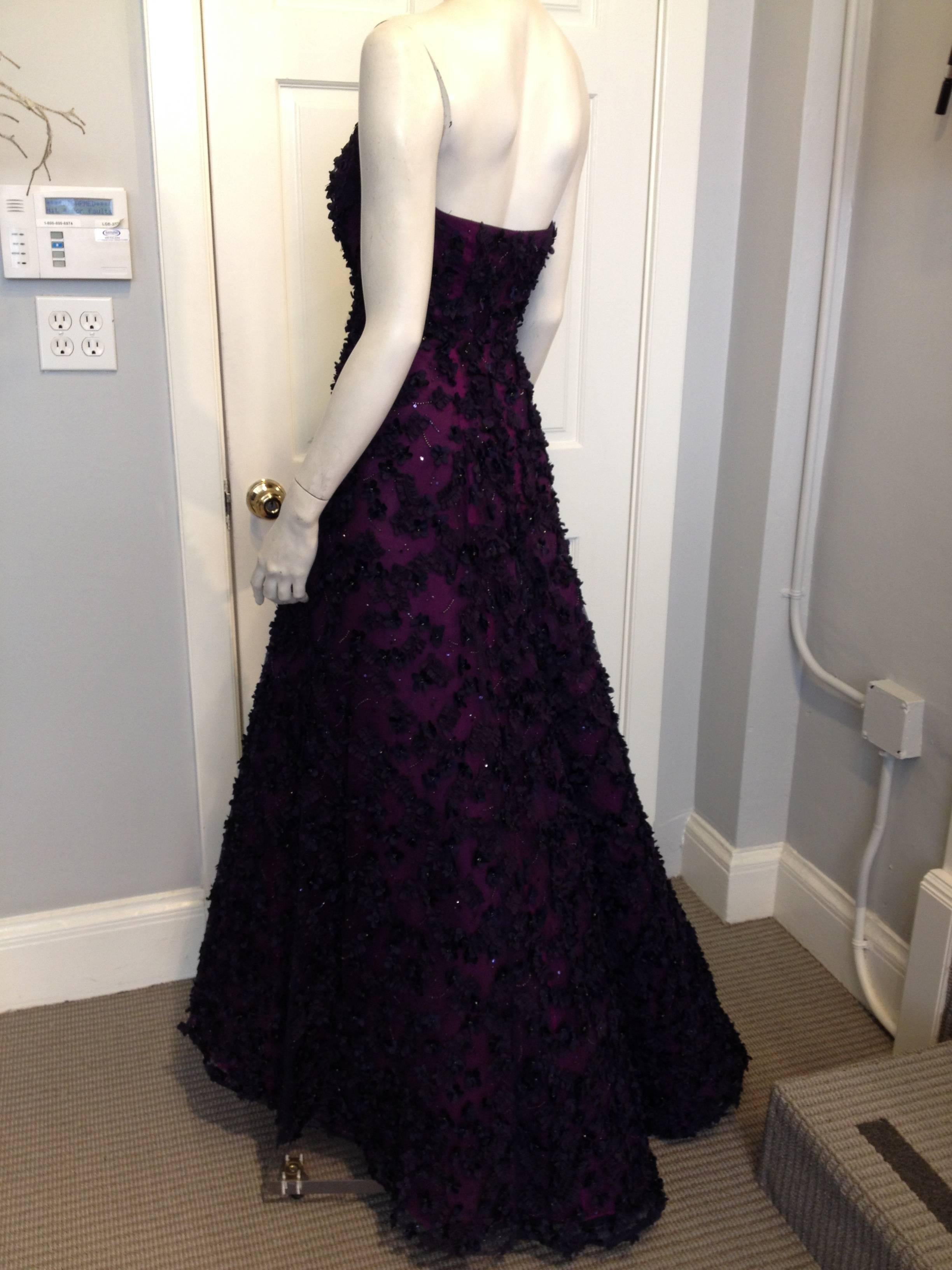 Black Oscar de la Renta Royal Purple Floral Gown For Sale