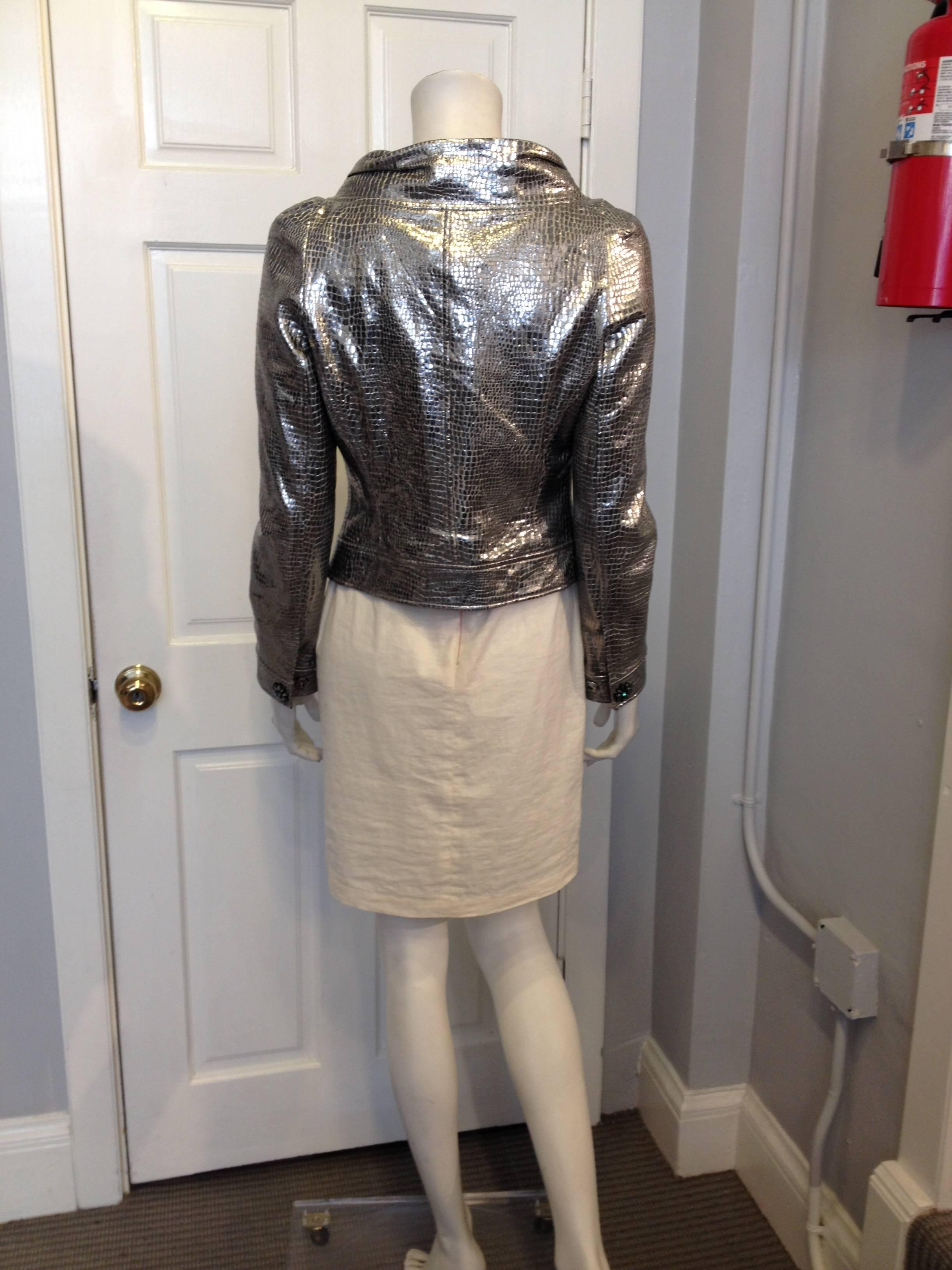 Black St. John Couture Silver Metallic Embossed Leather Jacket