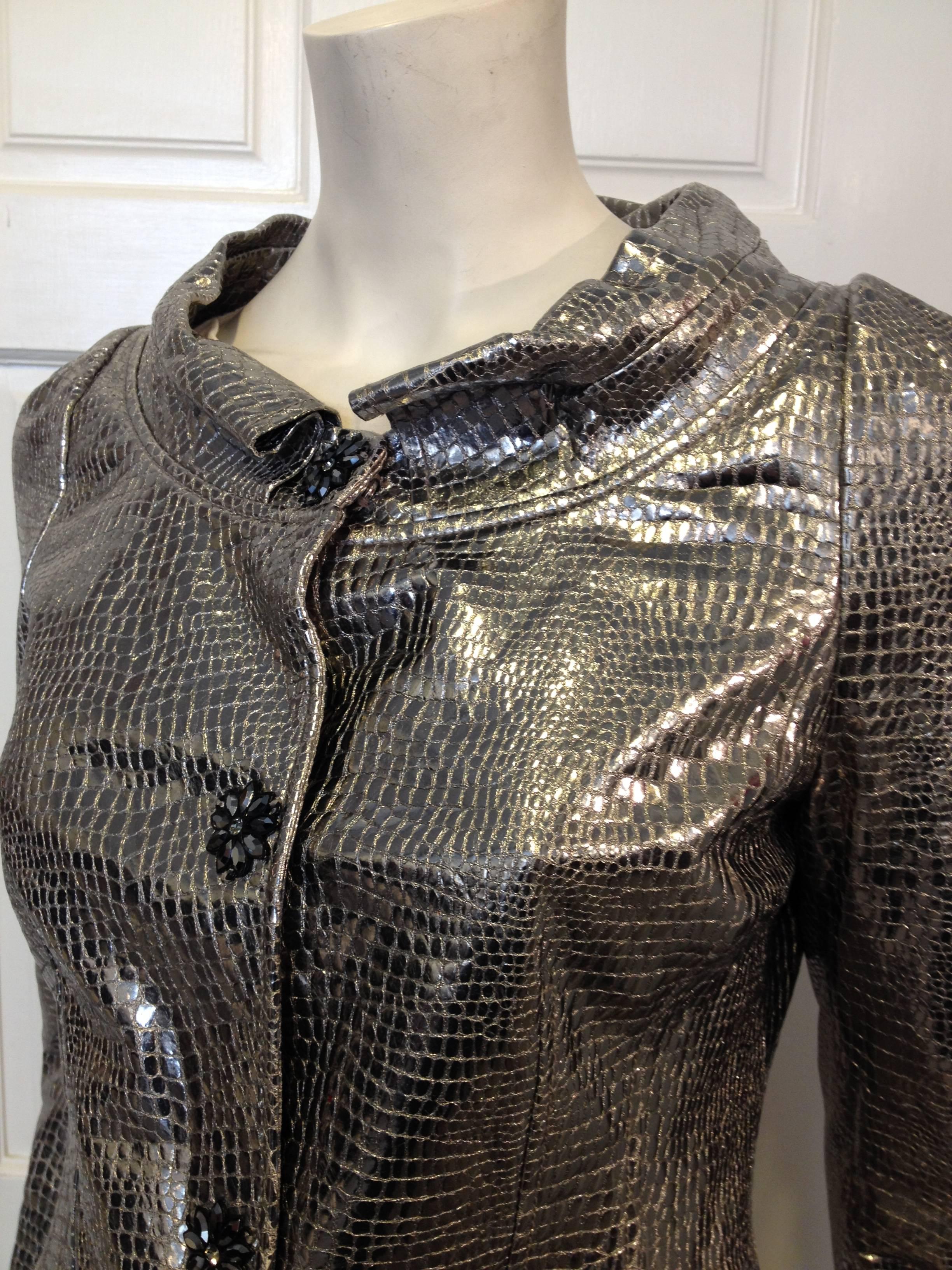 St. John Couture Silver Metallic Embossed Leather Jacket In Good Condition In San Francisco, CA