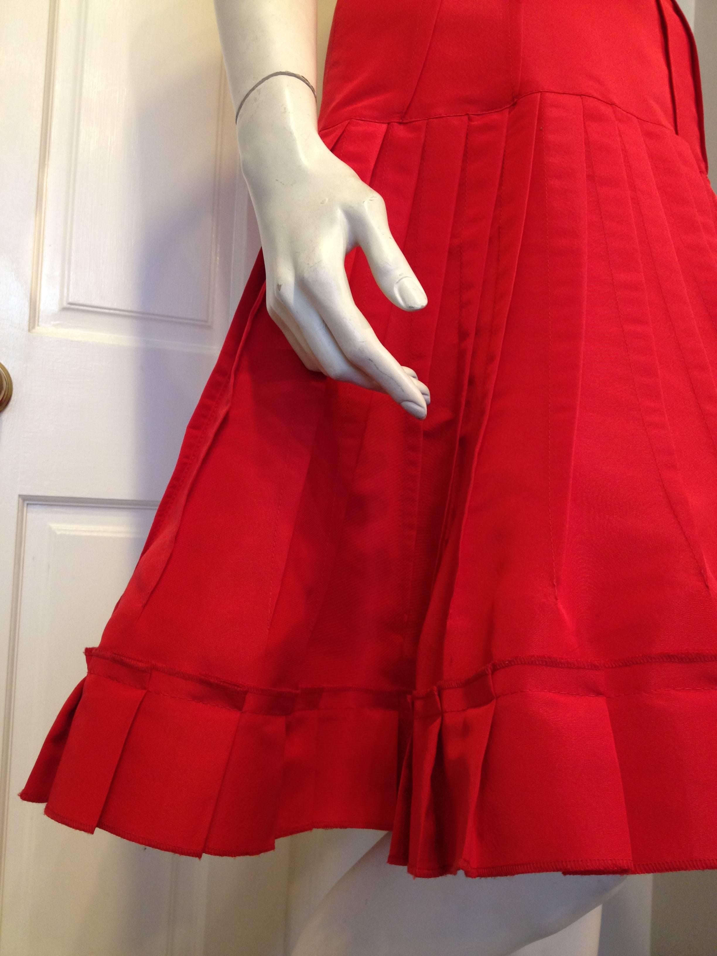 Oscar de la Renta Red Silk Dress with Ruffles For Sale 1