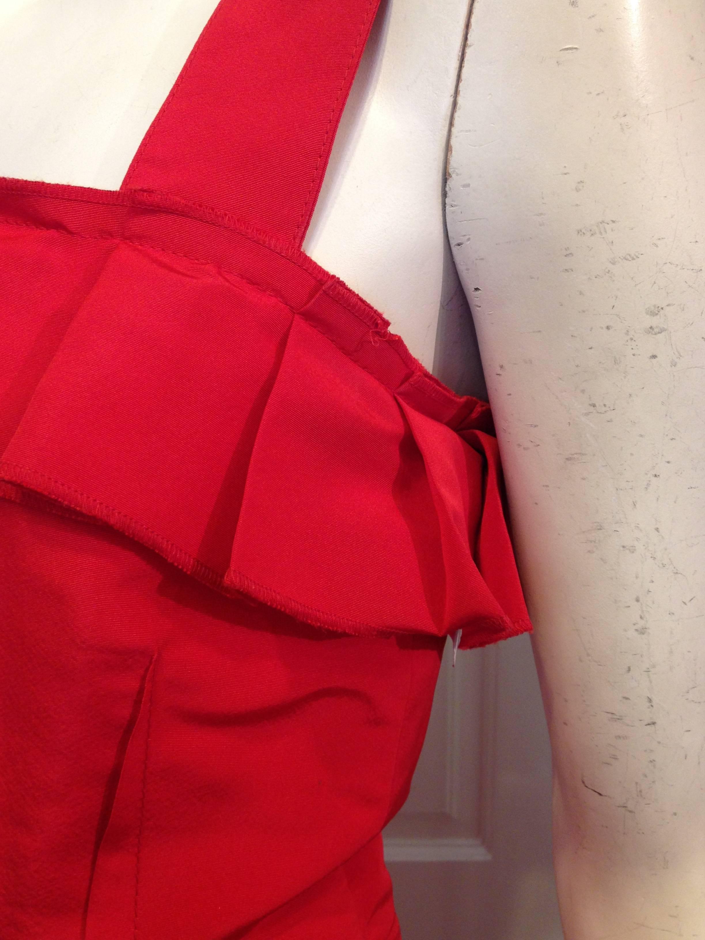 Women's Oscar de la Renta Red Silk Dress with Ruffles For Sale