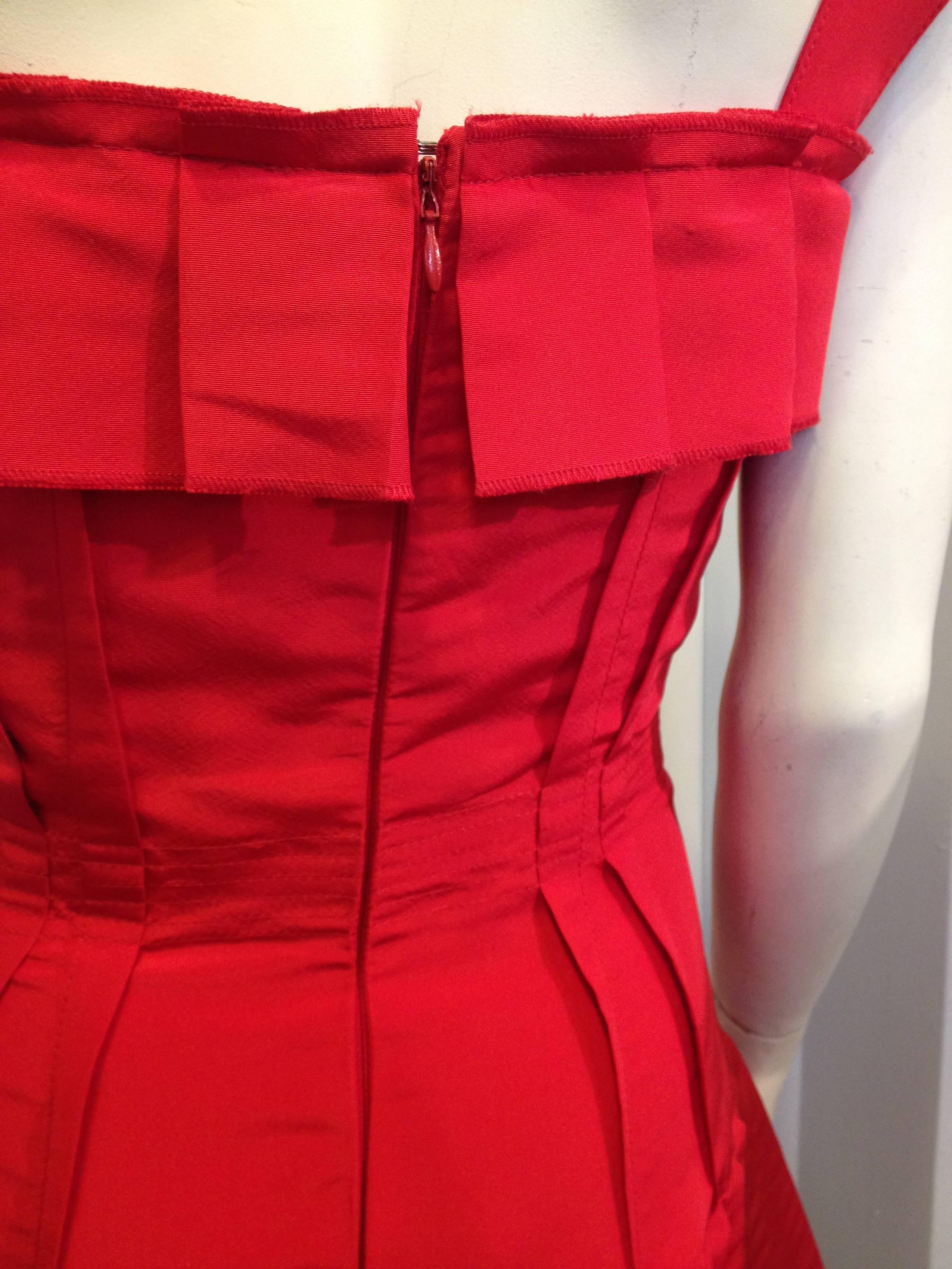 Oscar de la Renta Red Silk Dress with Ruffles For Sale 3