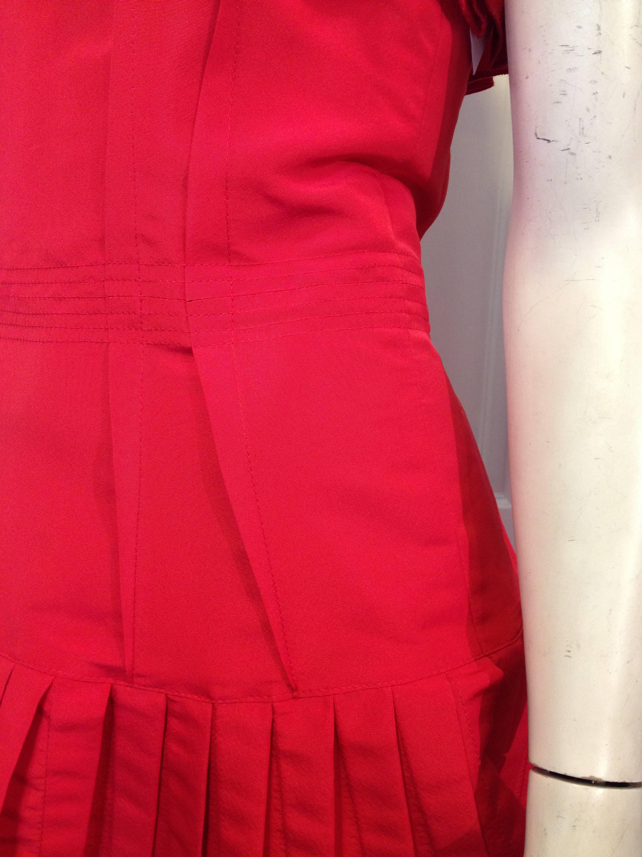Oscar de la Renta Red Silk Dress with Ruffles For Sale 4