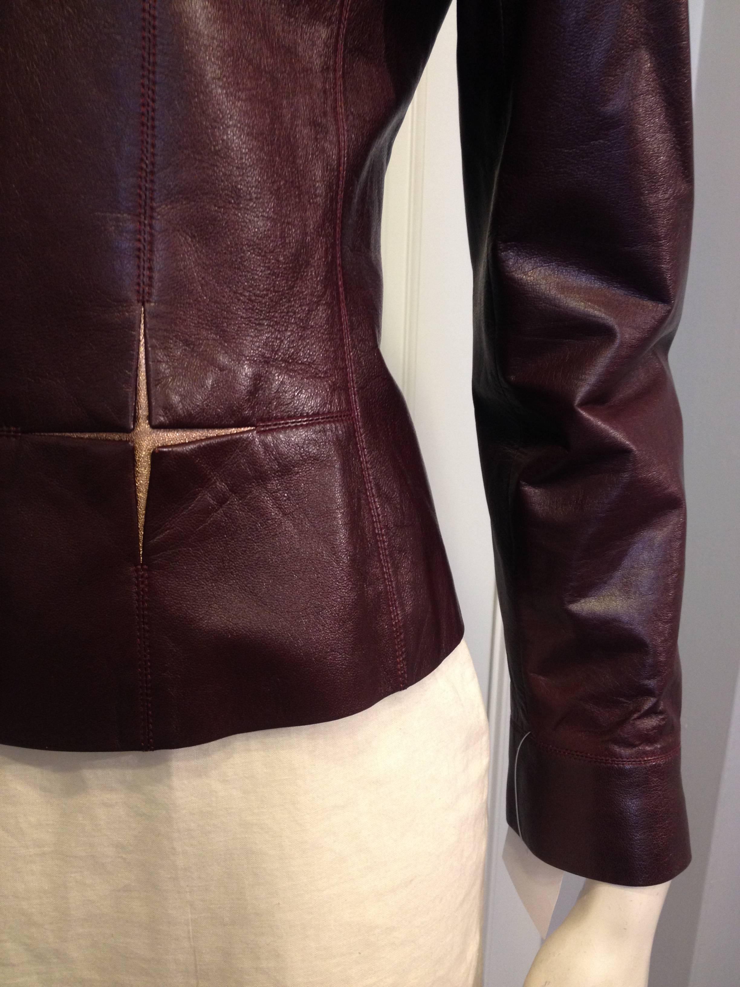 Chanel Burgundy Leather Jacket with Rose Gold Insets In Excellent Condition For Sale In San Francisco, CA