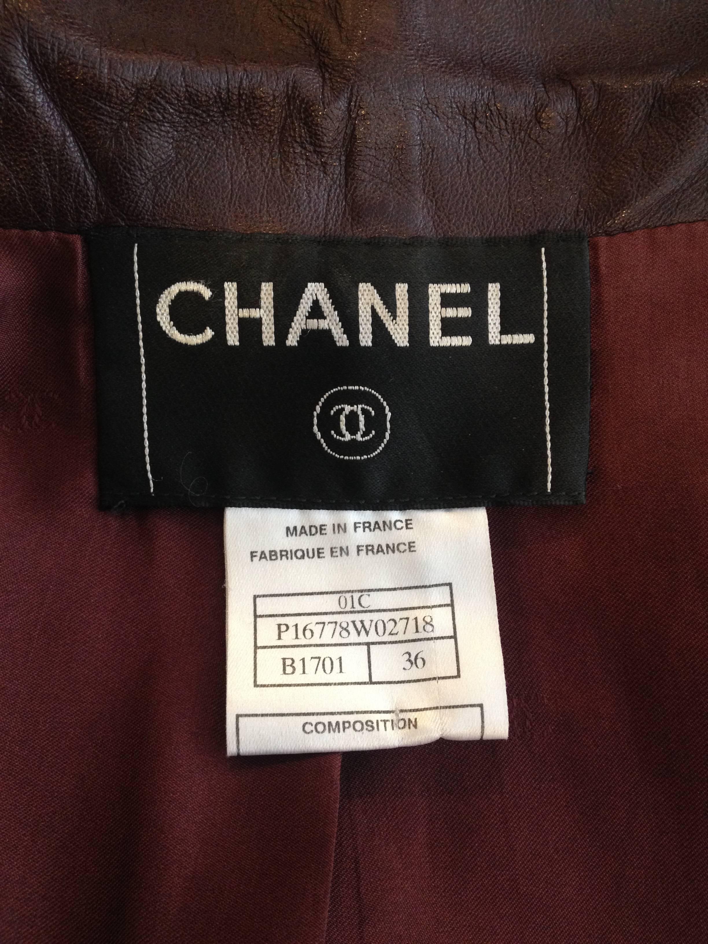 Chanel Burgundy Leather Jacket with Rose Gold Insets For Sale 2