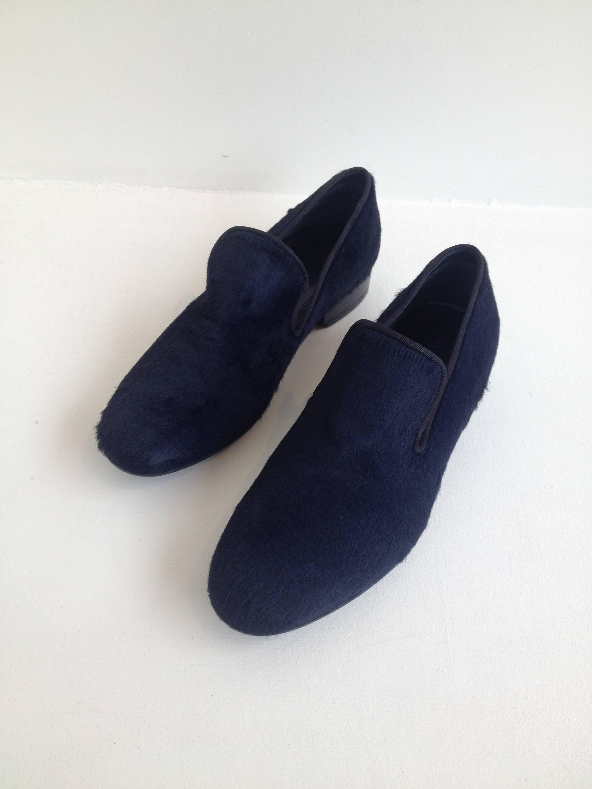 Black Celine Midnight Navy Ponyhair Slippers