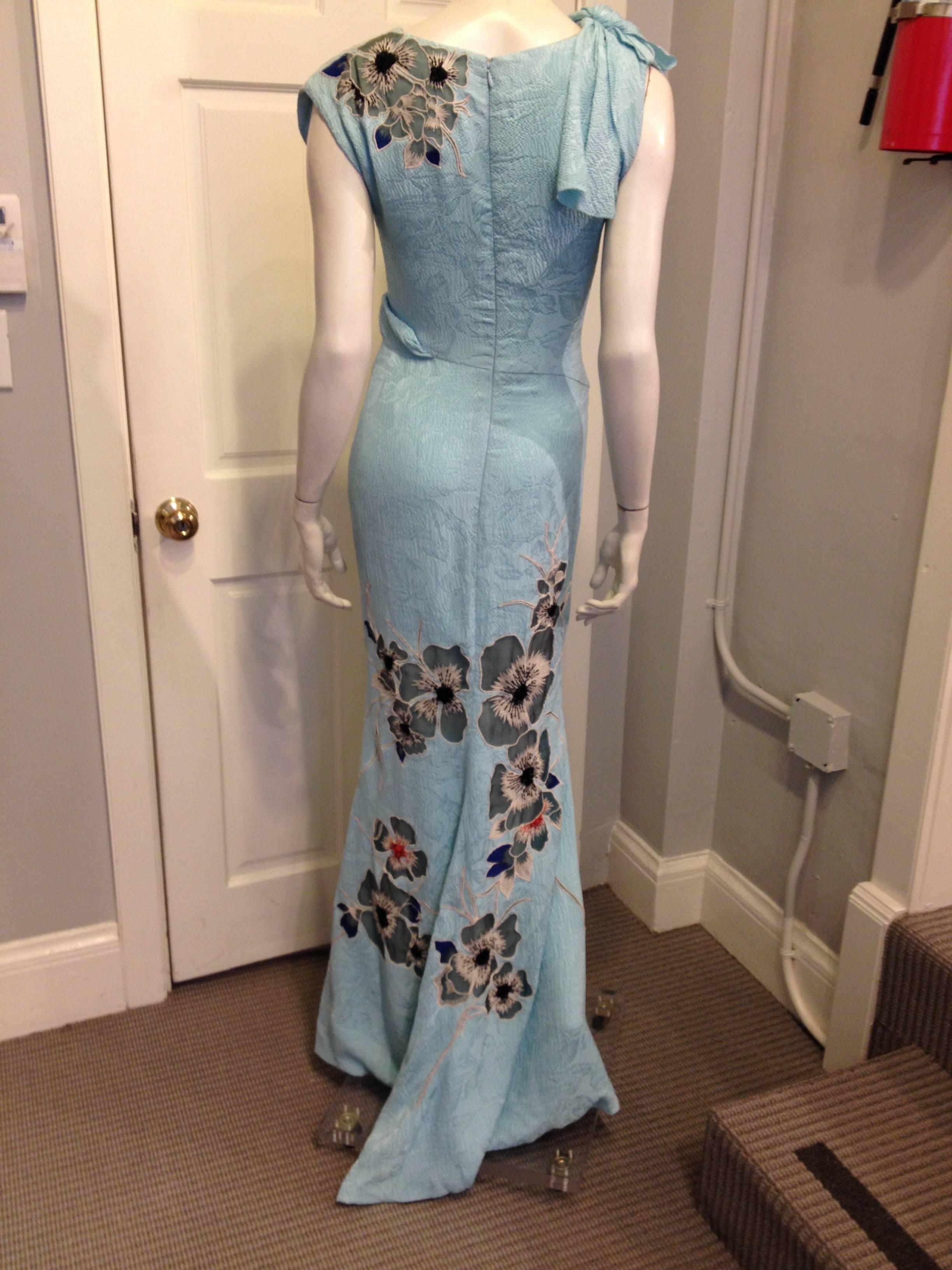 Gray Carolina Herrera Baby Blue Floral Silk Gown