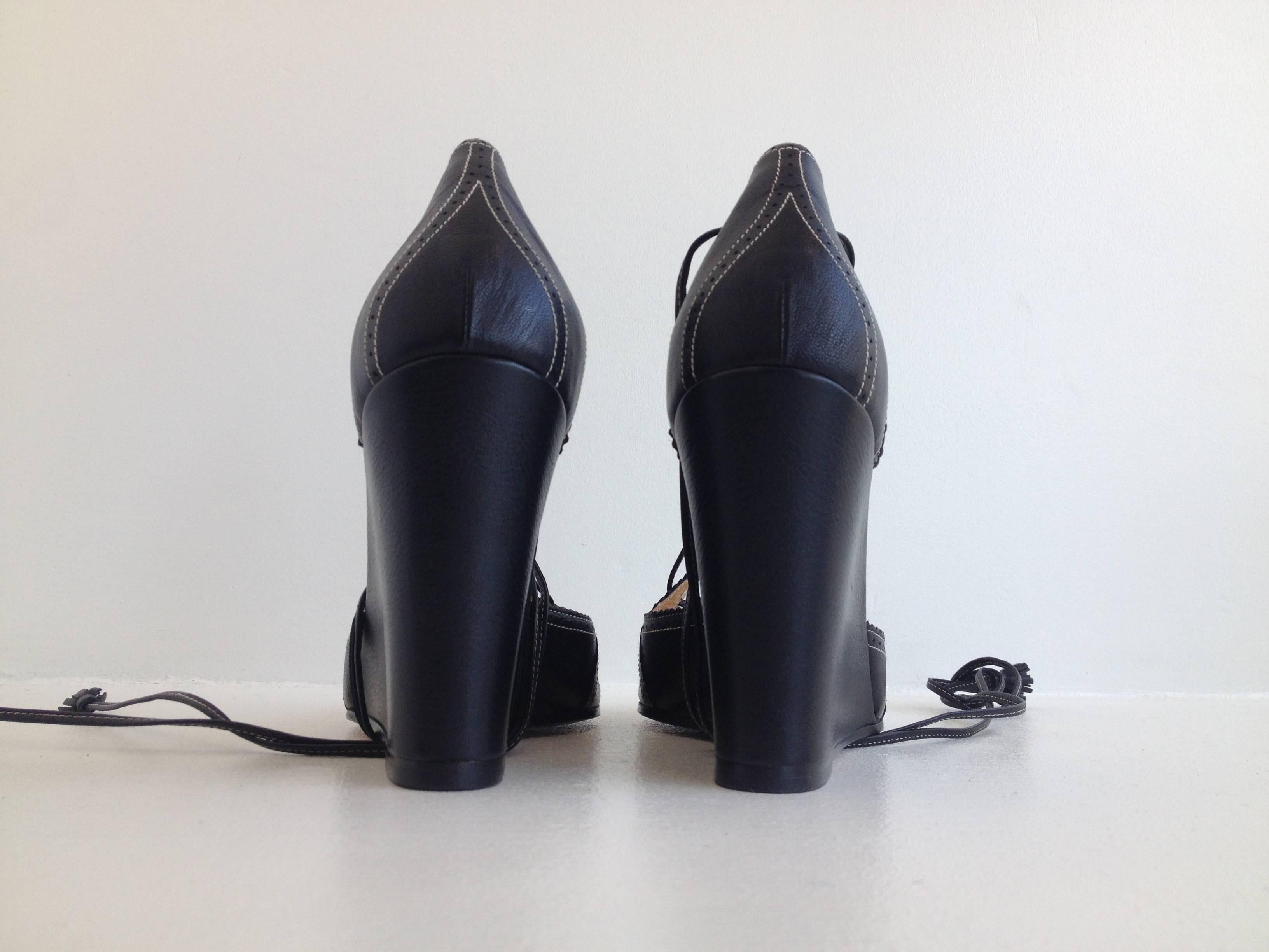 Hermes Black Leather Sandal Wedges Size 38 (7.5) In New Condition In San Francisco, CA
