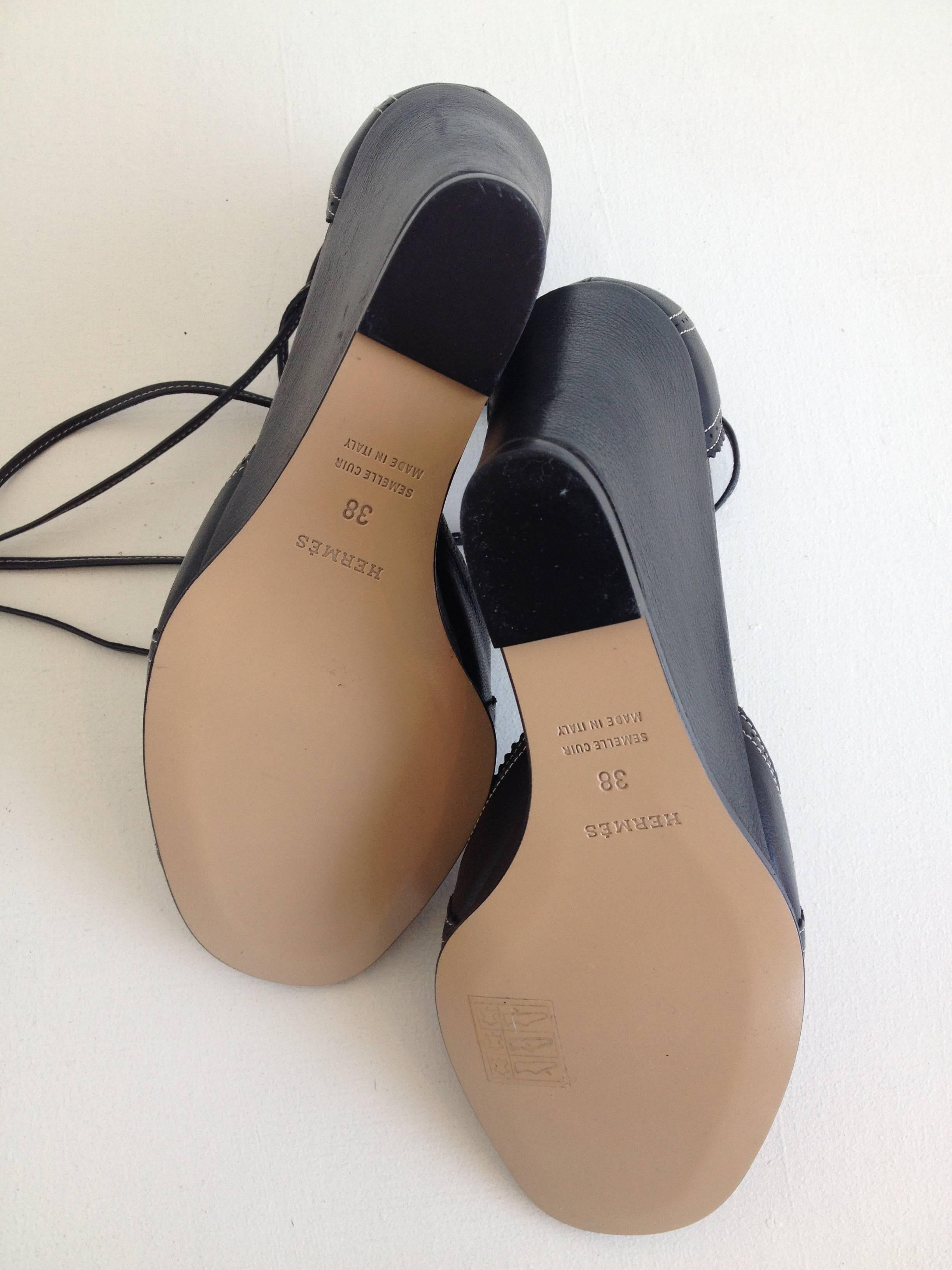 Hermes Black Leather Sandal Wedges Size 38 (7.5) 2