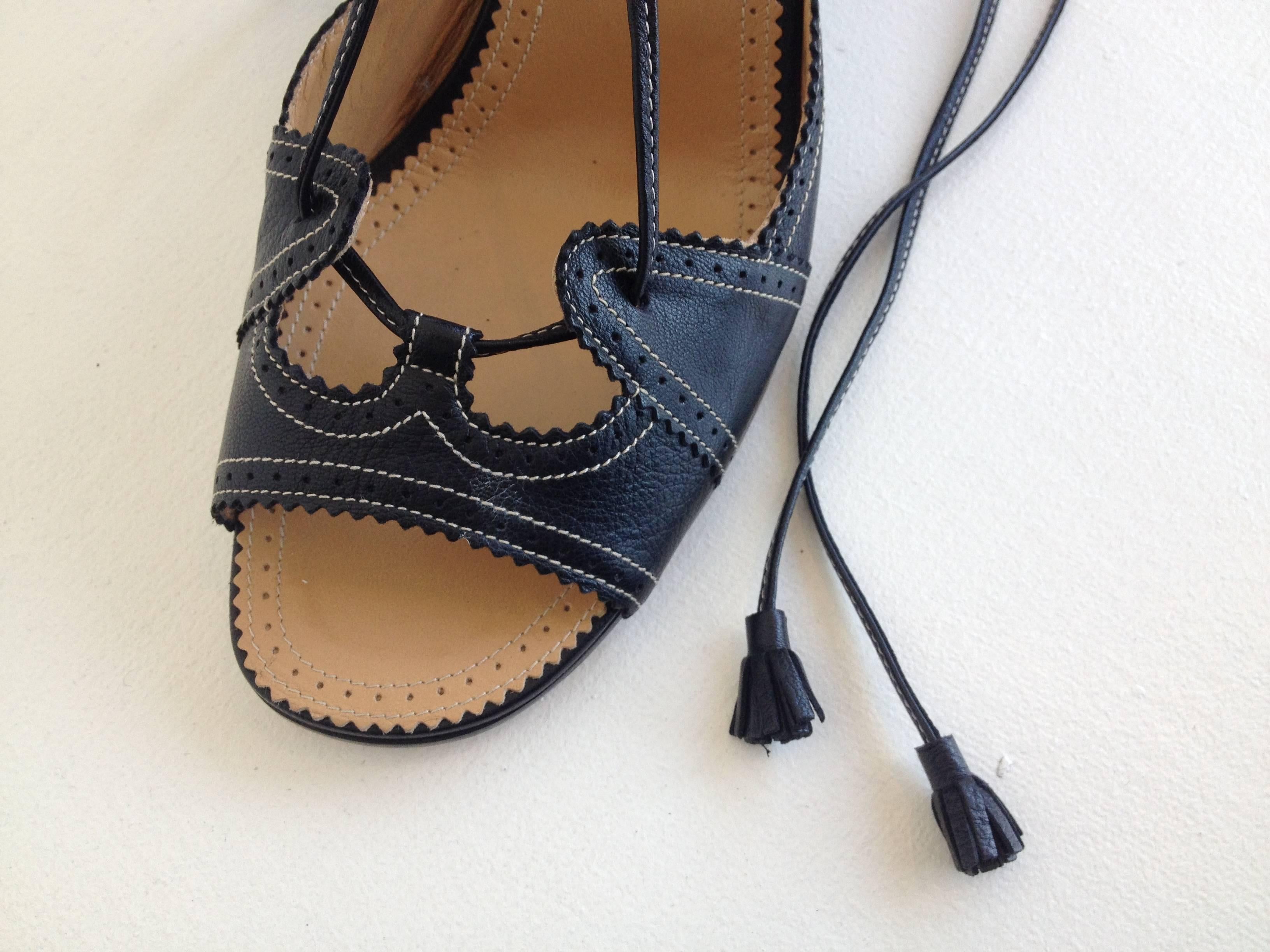 Women's Hermes Black Leather Sandal Wedges Size 38 (7.5)