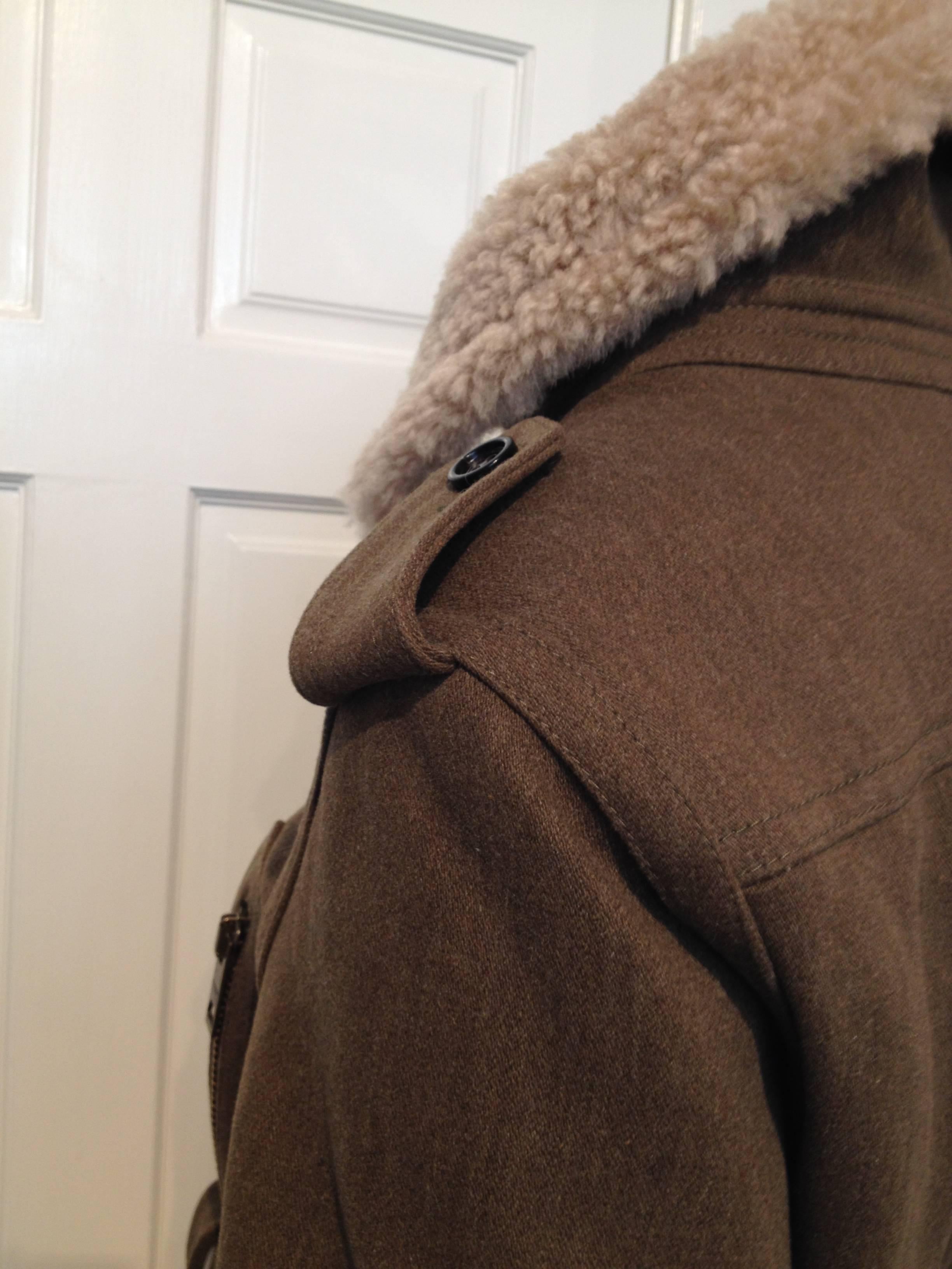 Brown Burberry Prorsum Olive Wool Shearling Bomber Jacket Size 38 (2)