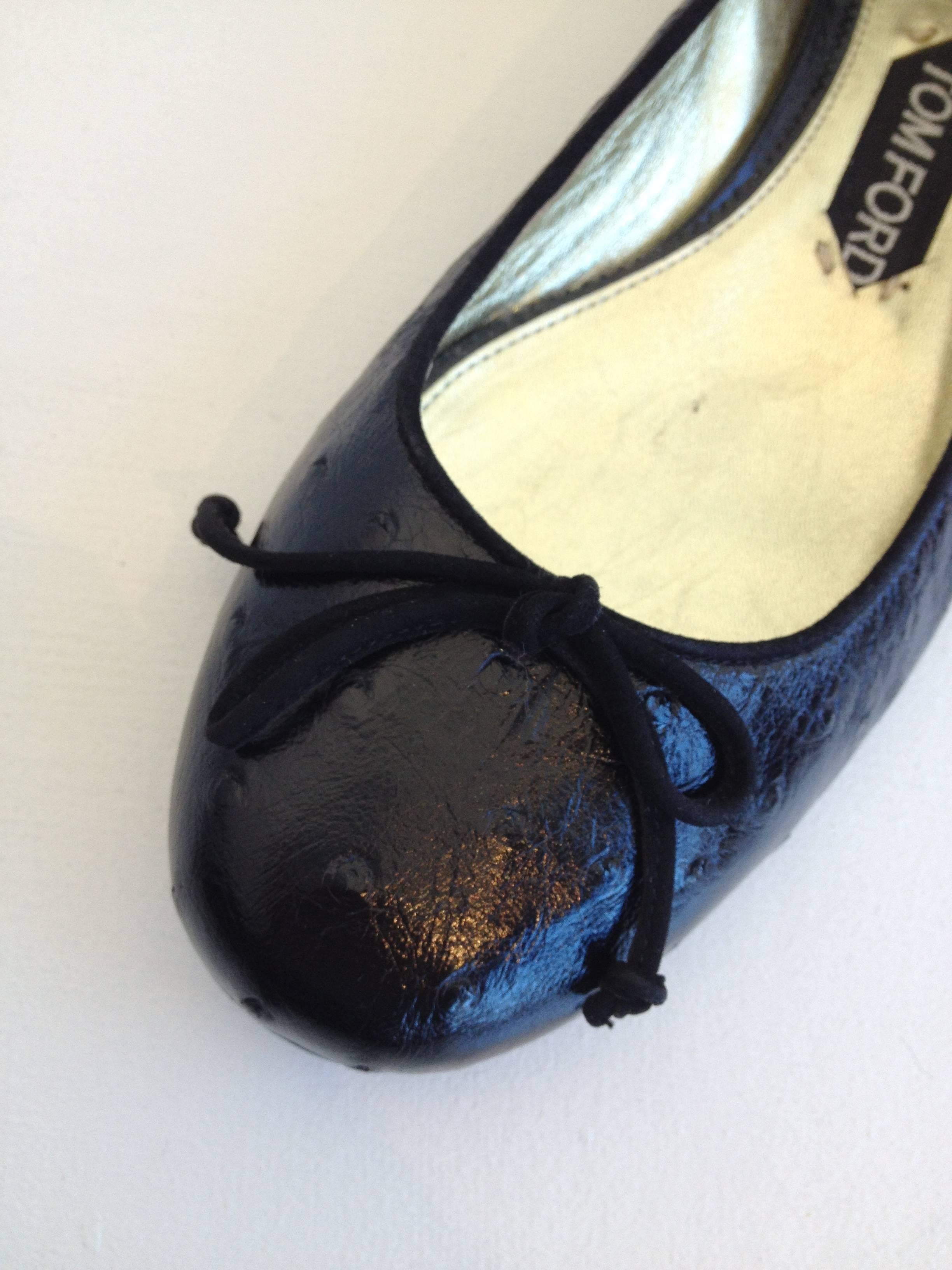 Women's Tom Ford Black Ostrich Ballet Flats Size 37.5 For Sale