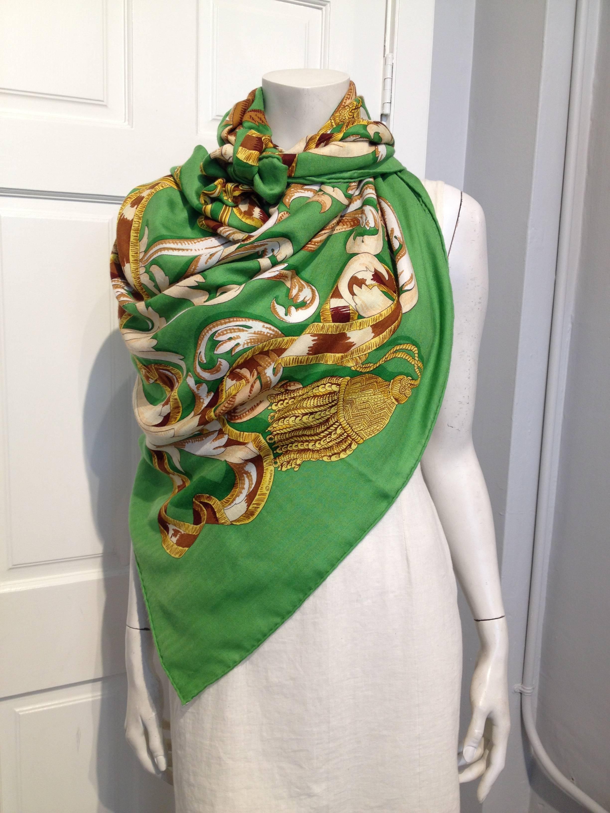 Cashmere and silk 140cm Hermes shawl, entitled Le Mors 