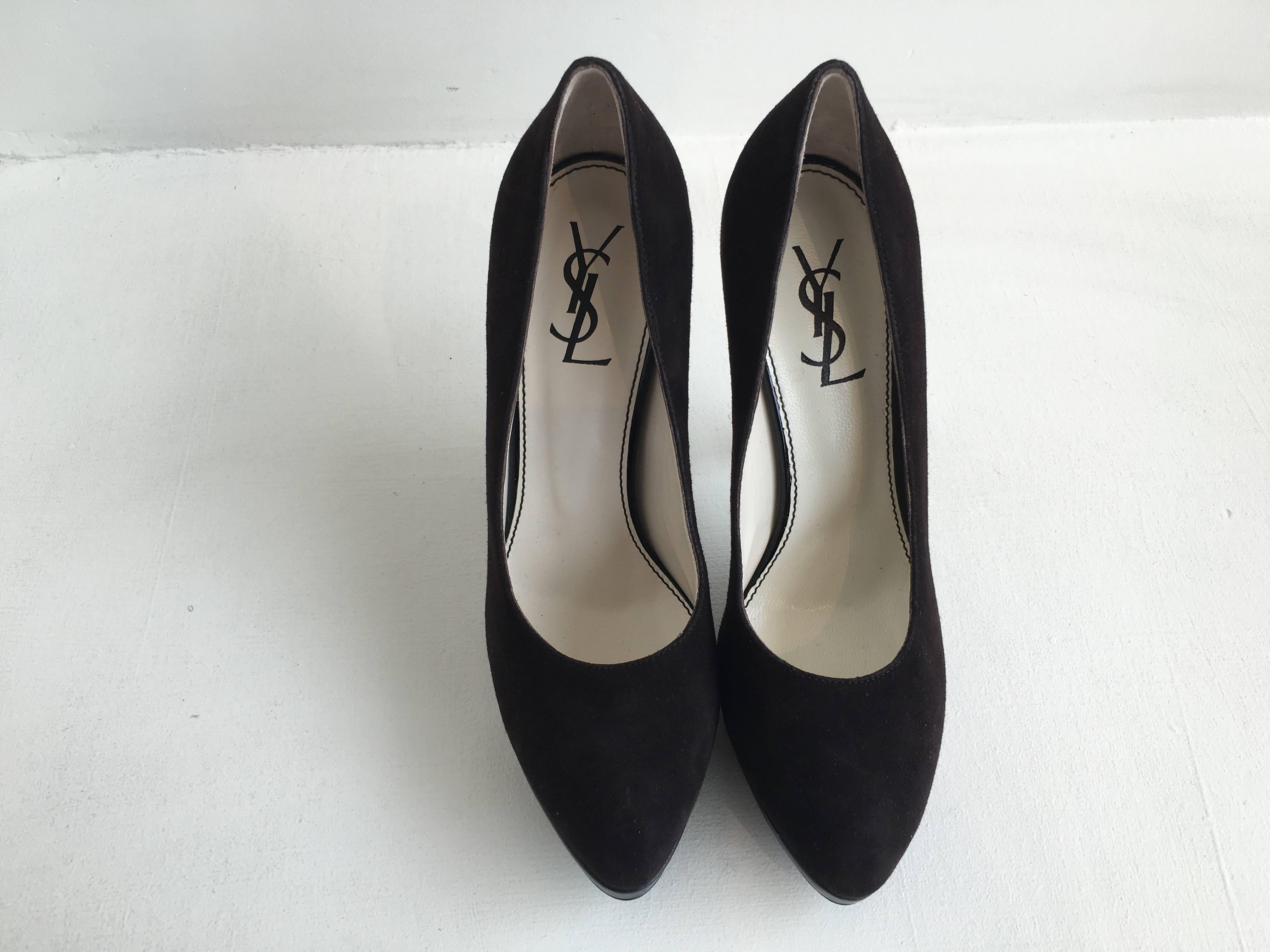 YSL brown suede shoe with 4.25 inch grey patent heel, 3/4 inch black leather platform and dark brown wood half wedge accent.
