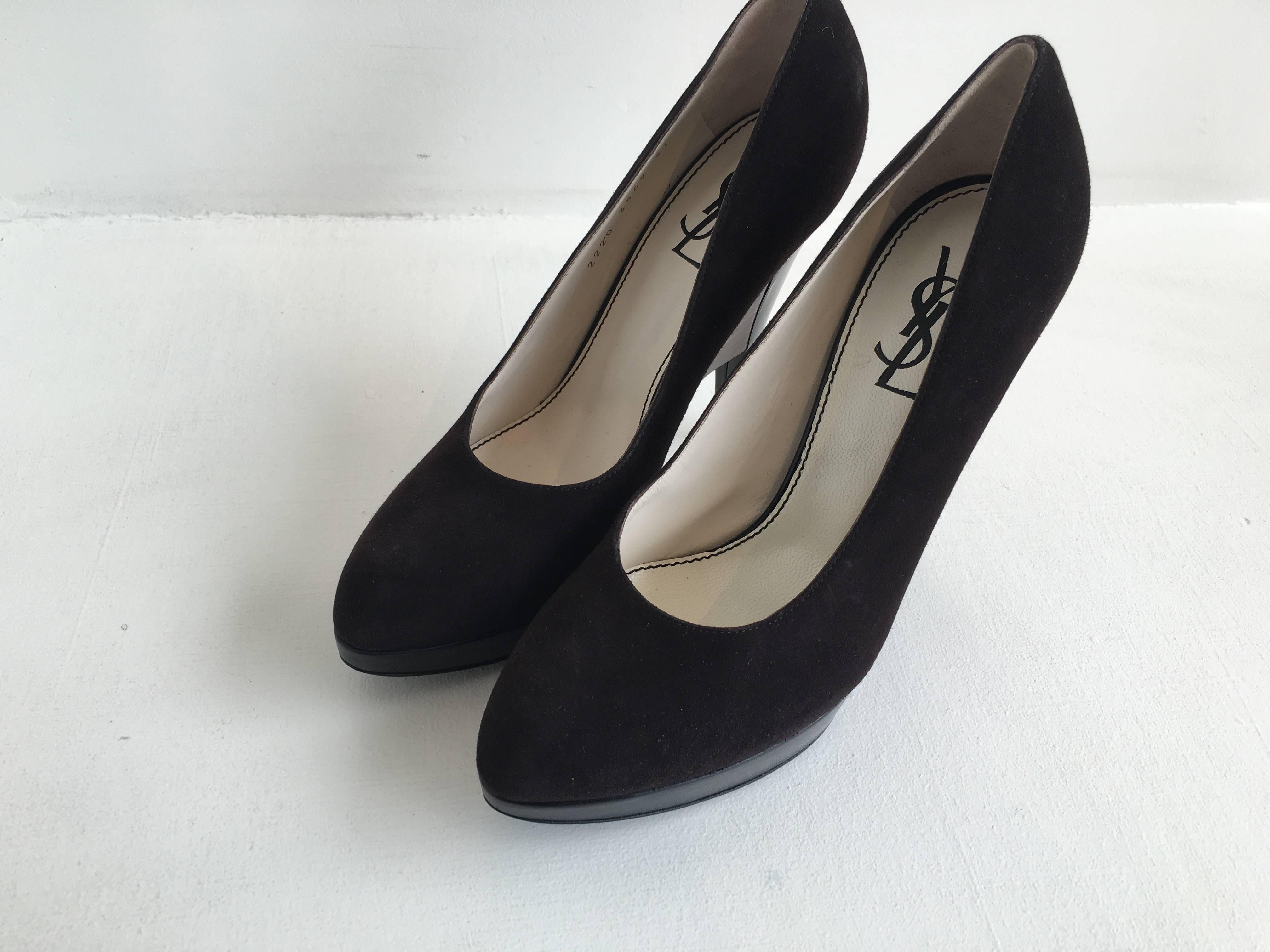 Black Yves Saint Laurent Brown Suede Platform Heel (37) For Sale