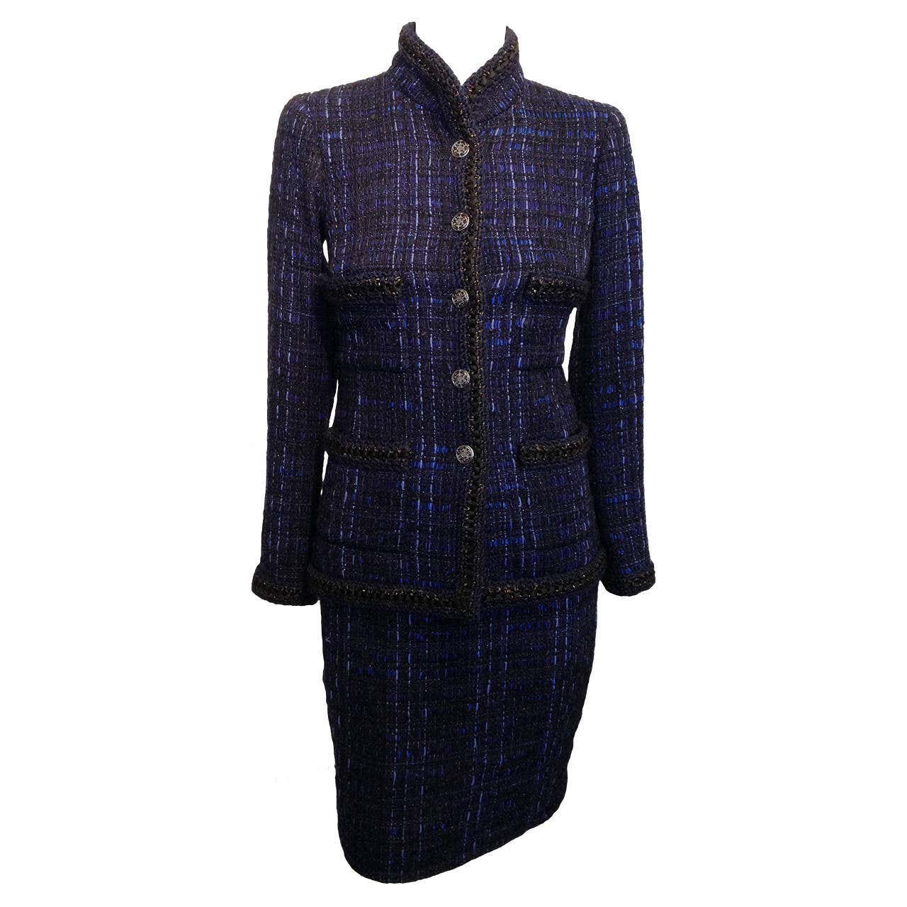 Chanel Navy Tweed Skirt Suit with Woven Trim at 1stDibs