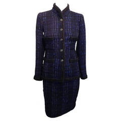Chanel Navy Tweed Skirt Suit with Woven Trim